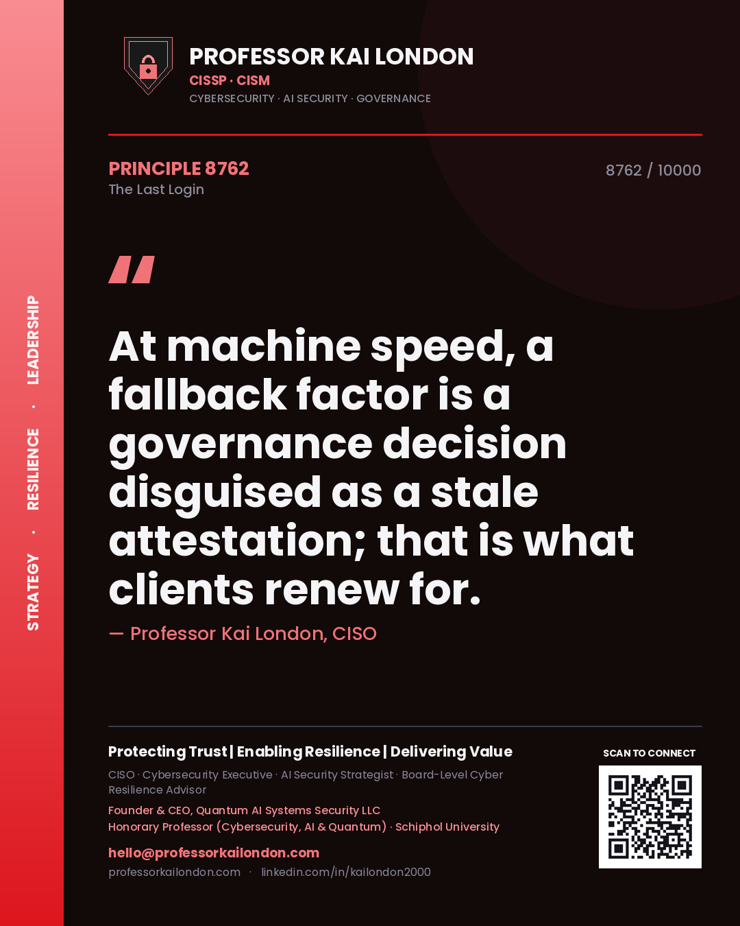 Quote card by Professor Kai London reading 'At machine speed, a fallback factor is a governance decision disguised as a stale attestation; that is what clients renew for.'. From the book The Last Login.