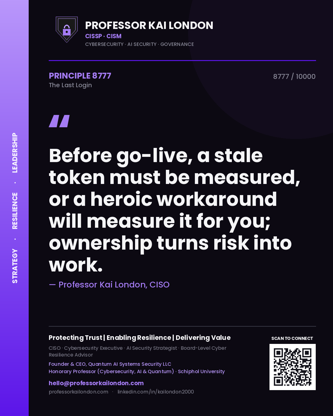 Professor Kai London principle 8777: Before go-live, a stale token must be measured, or a heroic workaround will measure it for you; ownership turns risk into work.
