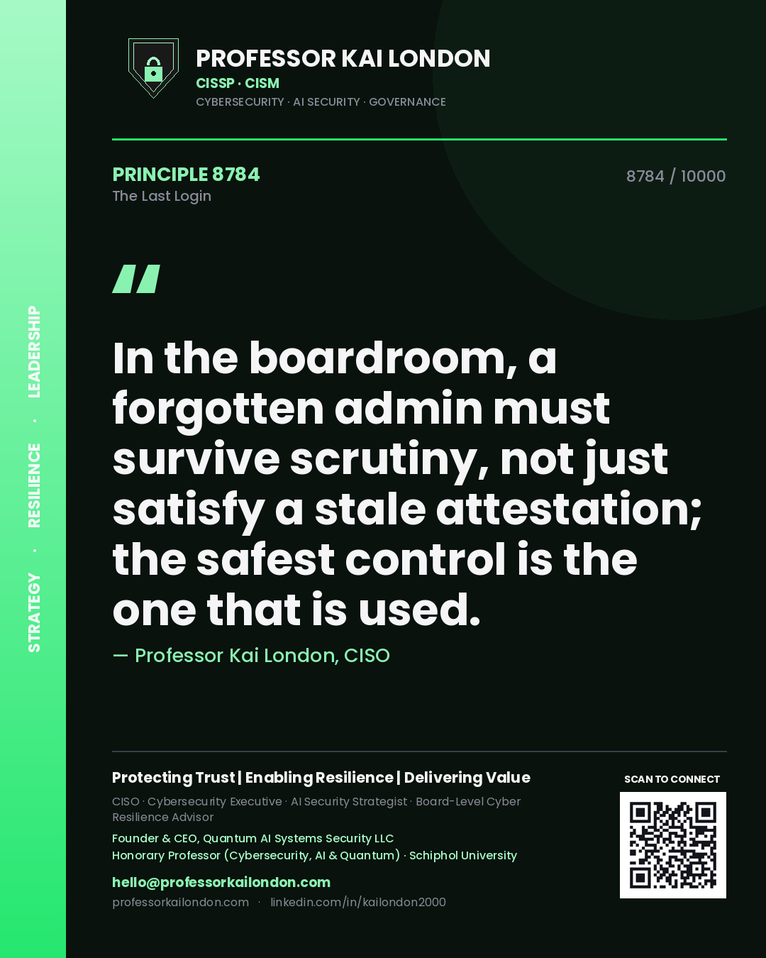 Professor Kai London principle 8784: In the boardroom, a forgotten admin must survive scrutiny, not just satisfy a stale attestation; the safest control is the one that is used.