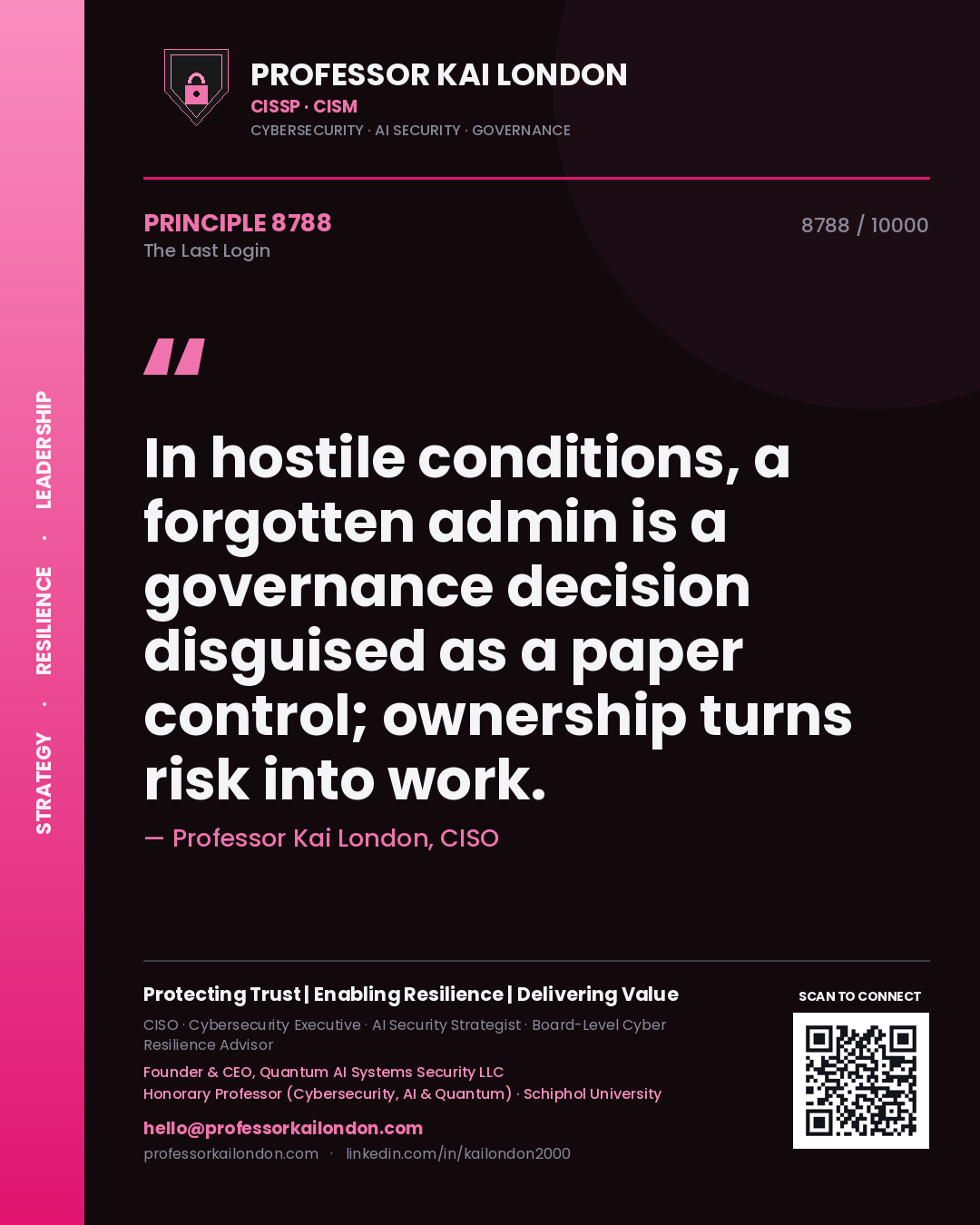 Professor Kai London principle 8788: In hostile conditions, a forgotten admin is a governance decision disguised as a paper control; ownership turns risk into work.