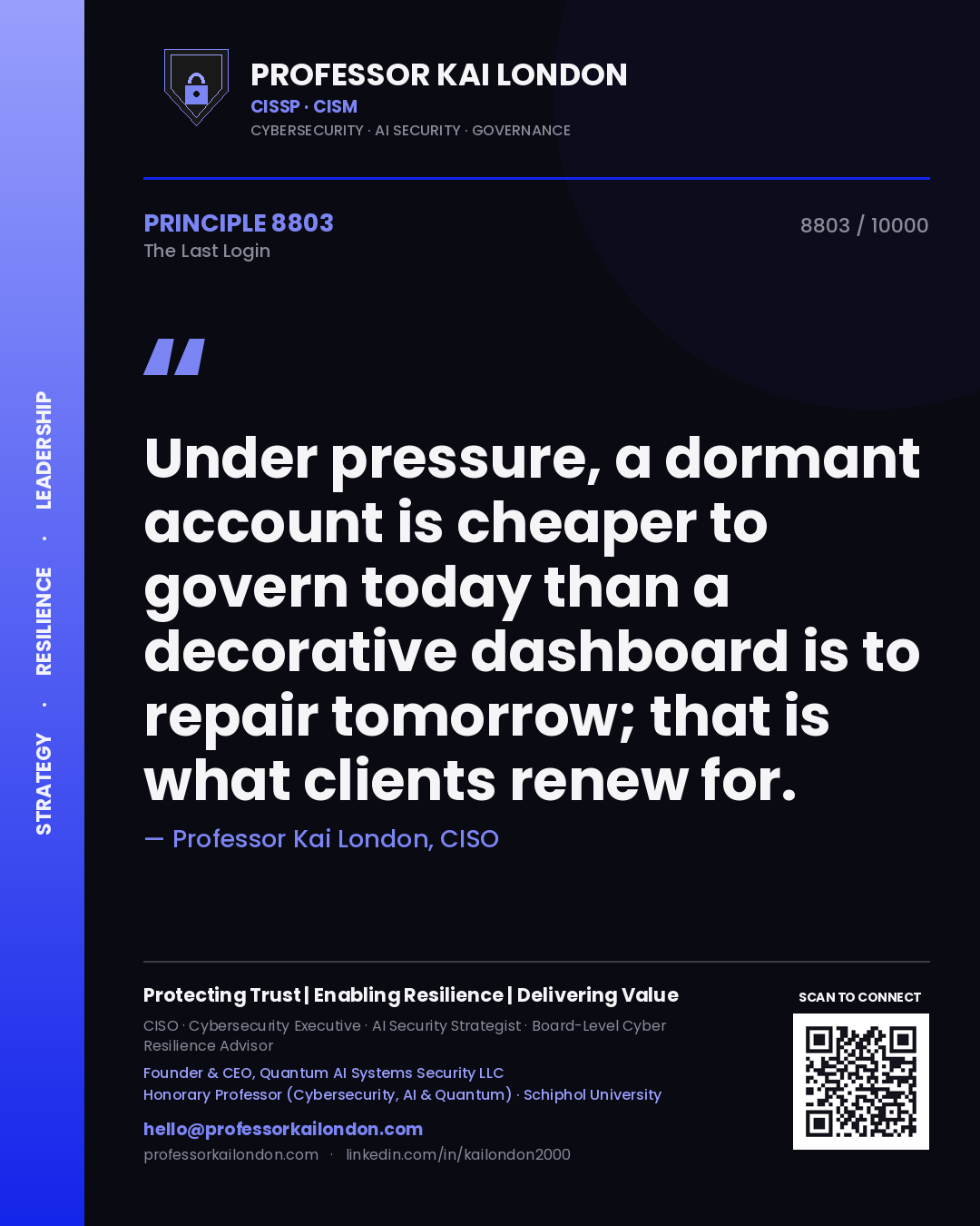 Quote card by Professor Kai London reading 'Under pressure, a dormant account is cheaper to govern today than a decorative dashboard is to repair tomorrow; that is what clients renew for.'. From the book The Last Login.
