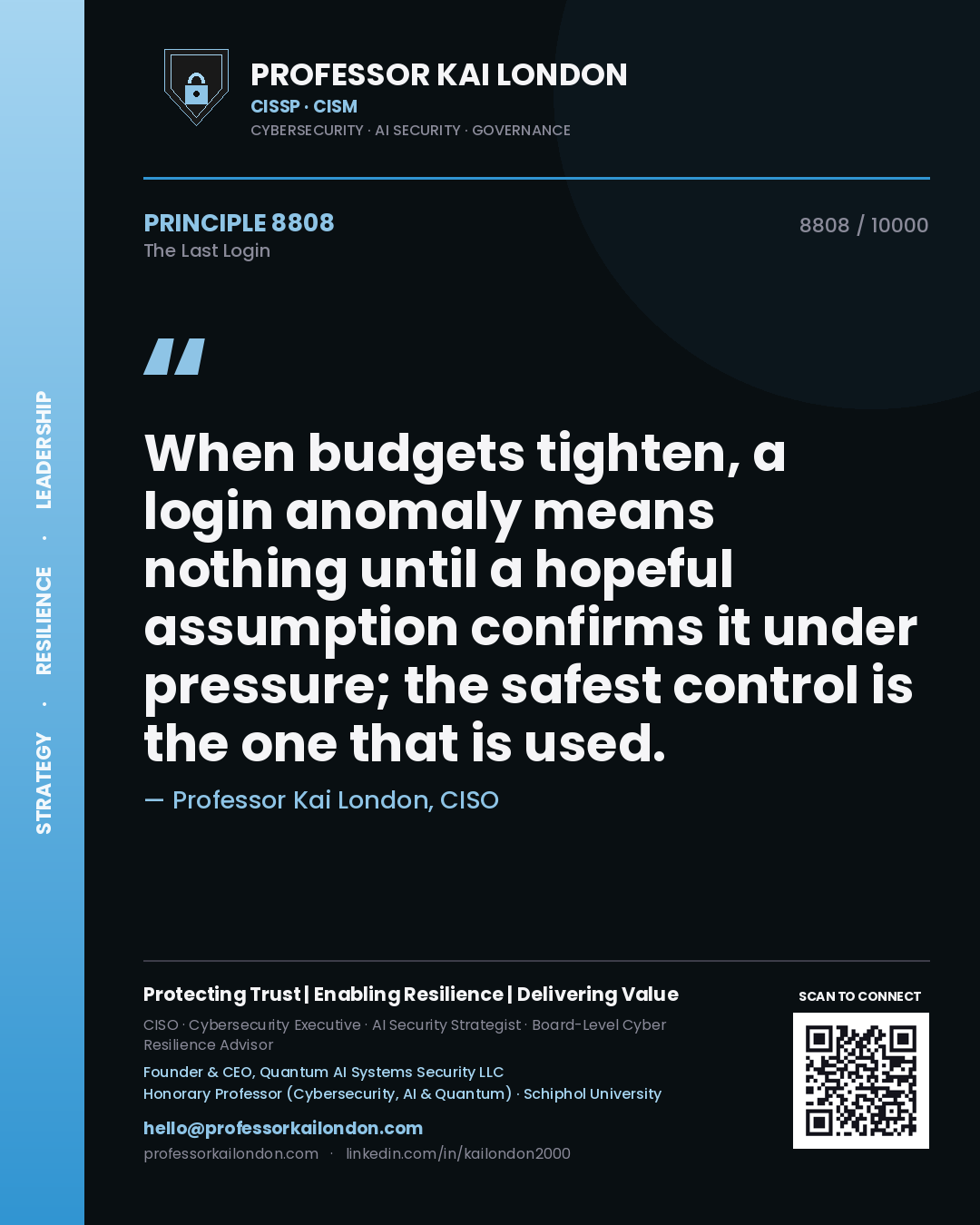 Professor Kai London principle 8808: When budgets tighten, a login anomaly means nothing until a hopeful assumption confirms it under pressure; the safest control is the one that is used.