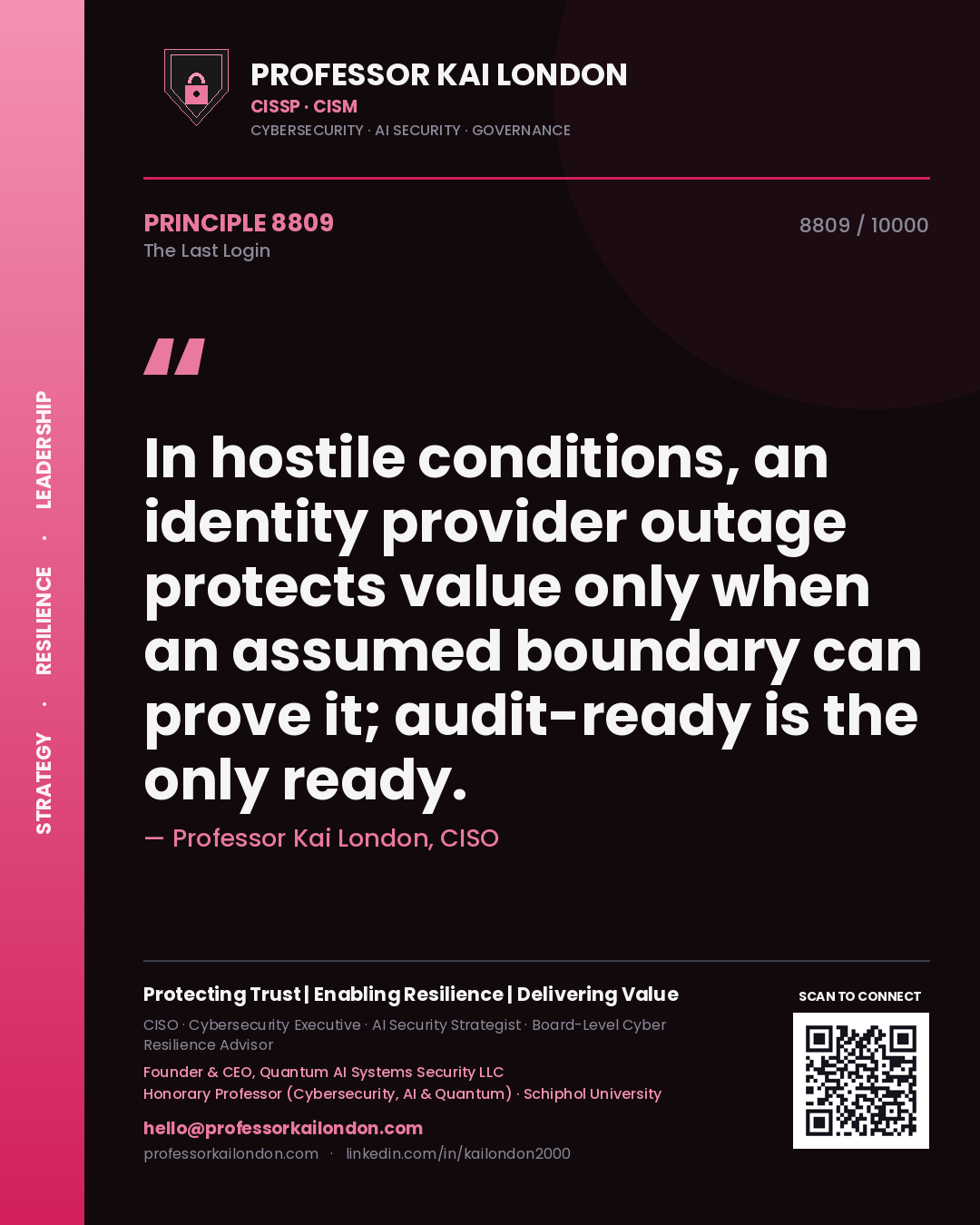 Quote card by Professor Kai London reading 'In hostile conditions, an identity provider outage protects value only when an assumed boundary can prove it; audit-ready is the only ready.'. From the book The Last Login.