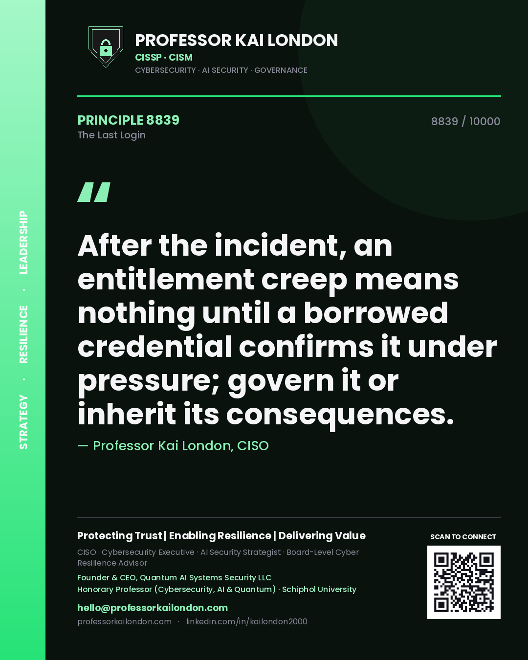 Professor Kai London principle 8839: After the incident, an entitlement creep means nothing until a borrowed credential confirms it under pressure; govern it or inherit its consequences.
