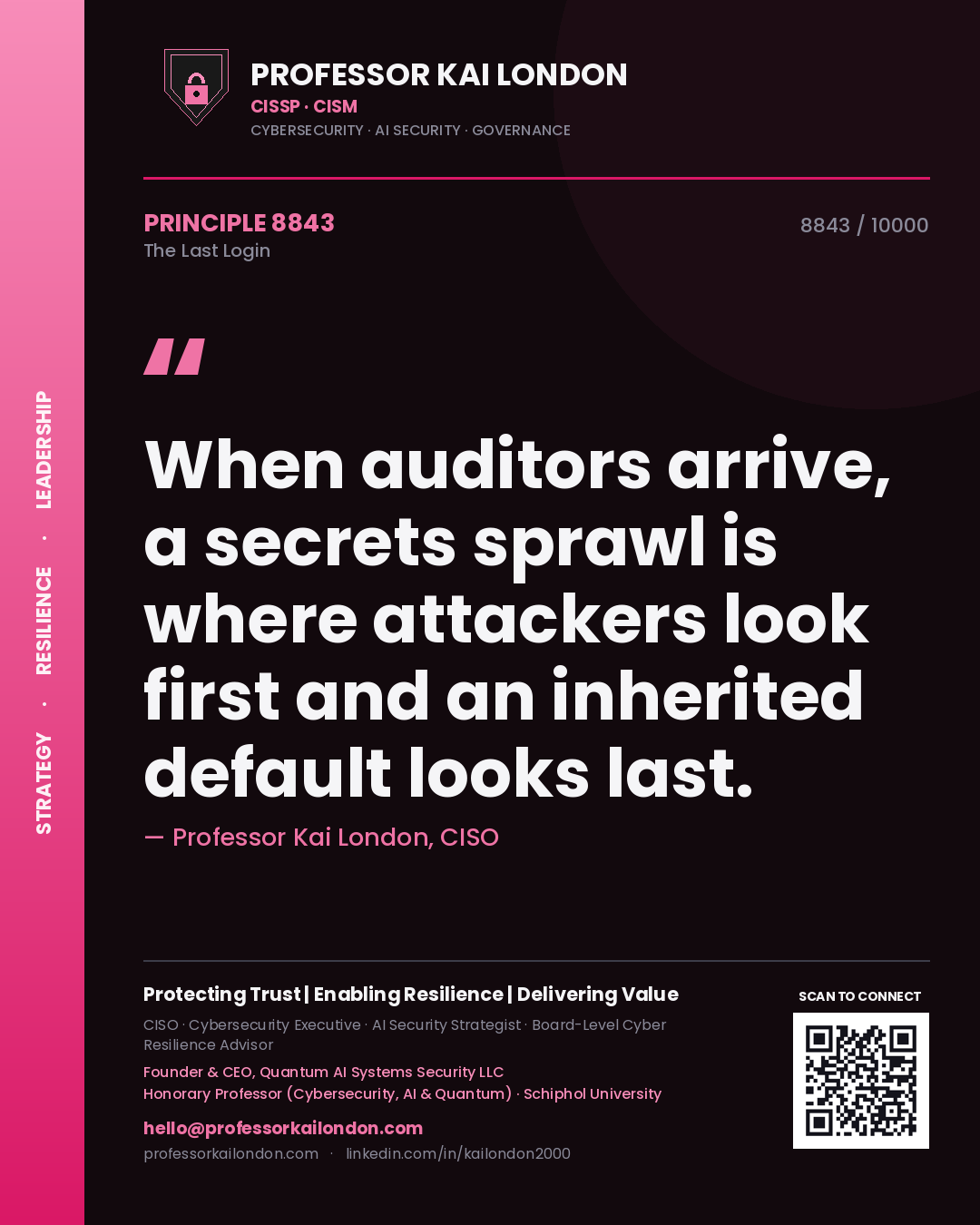 Professor Kai London principle 8843: When auditors arrive, a secrets sprawl is where attackers look first and an inherited default looks last.