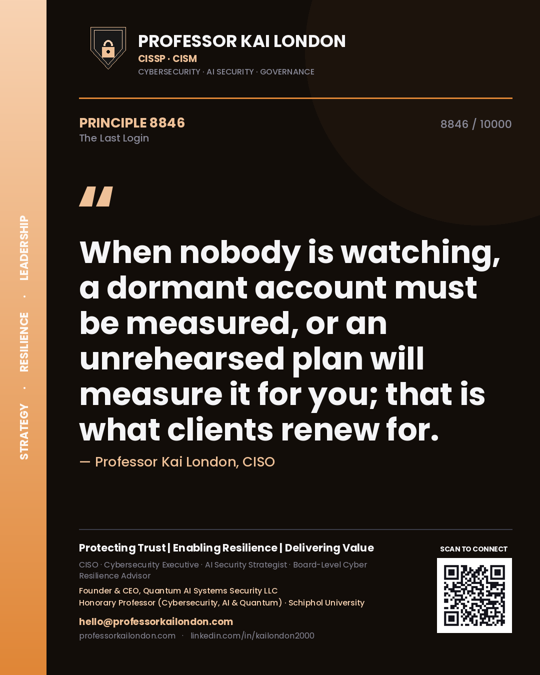 Quote card by Professor Kai London reading 'When nobody is watching, a dormant account must be measured, or an unrehearsed plan will measure it for you; that is what clients renew for.'. From the book The Last Login.