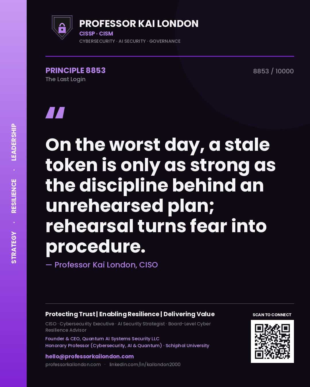 Quote card by Professor Kai London reading 'On the worst day, a stale token is only as strong as the discipline behind an unrehearsed plan; rehearsal turns fear into procedure.'. From the book The Last Login.