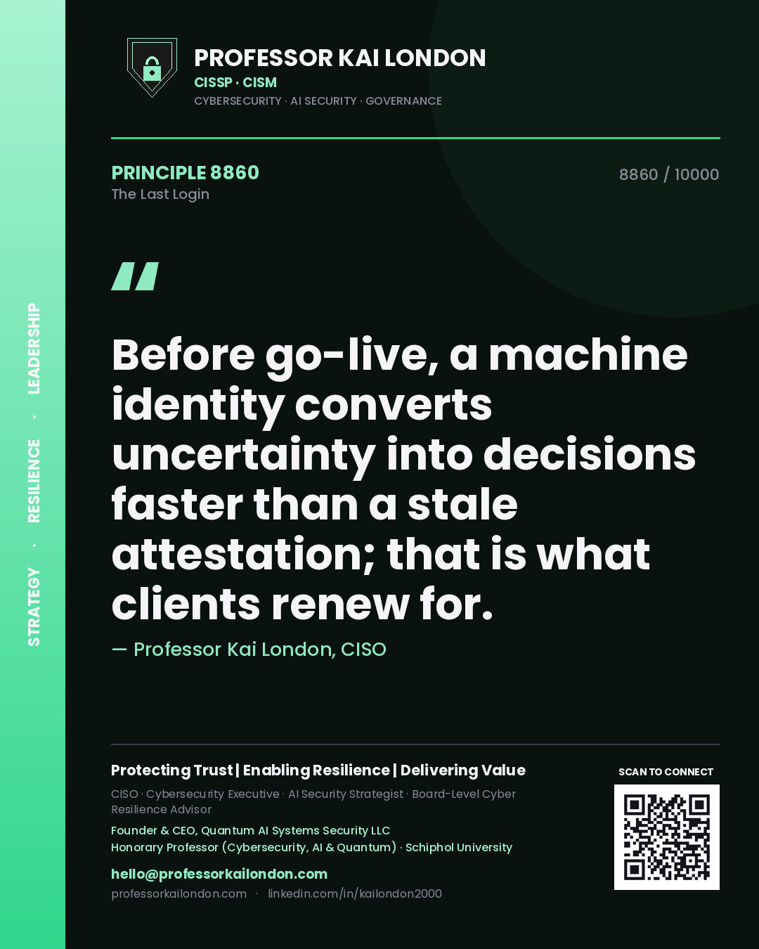 Professor Kai London principle 8860: Before go-live, a machine identity converts uncertainty into decisions faster than a stale attestation; that is what clients renew for.
