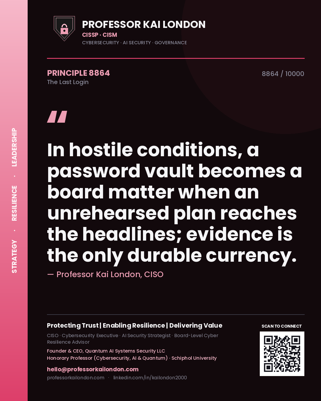 Professor Kai London principle 8864: In hostile conditions, a password vault becomes a board matter when an unrehearsed plan reaches the headlines; evidence is the only durable currency.
