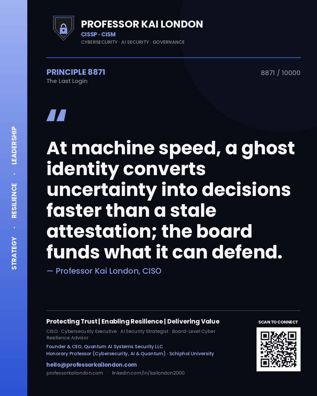 Quote card by Professor Kai London reading 'At machine speed, a ghost identity converts uncertainty into decisions faster than a stale attestation; the board funds what it can defend.'. From the book The Last Login.