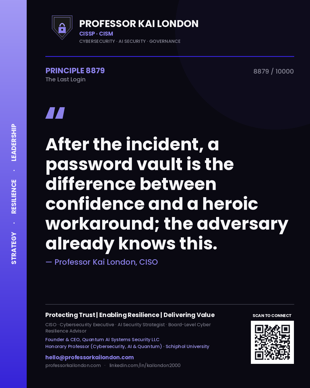 Quote card by Professor Kai London reading 'After the incident, a password vault is the difference between confidence and a heroic workaround; the adversary already knows this.'. From the book The Last Login.