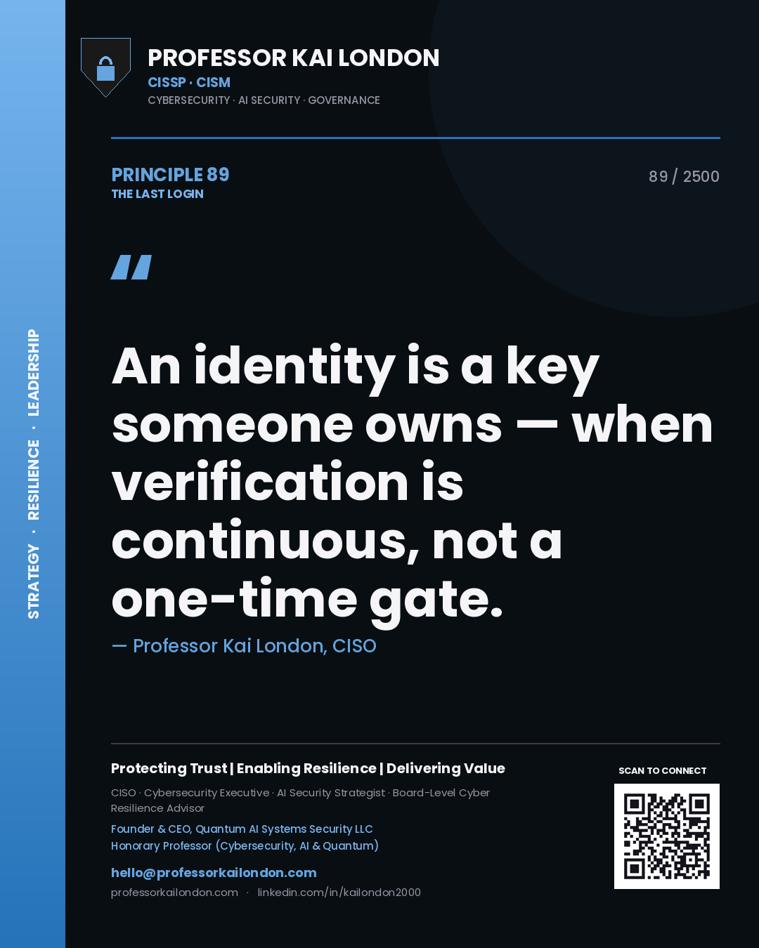 Quote card by Professor Kai London reading 'An identity is a key someone owns — when verification is continuous, not a one-time gate.'. From the book The Last Login.