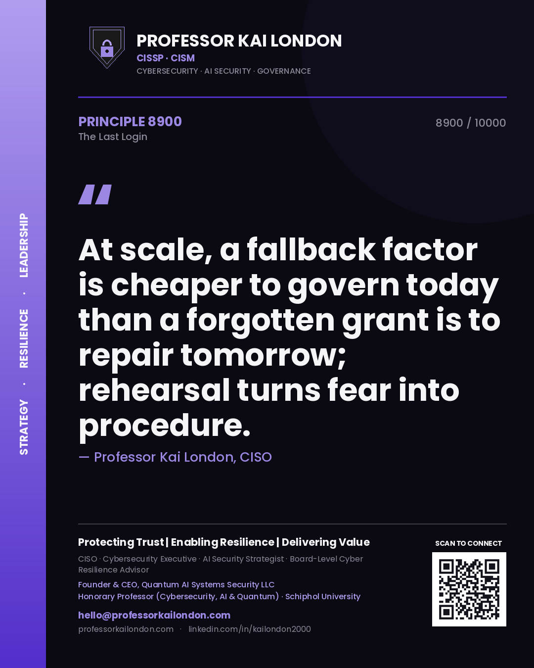 Quote card by Professor Kai London reading 'At scale, a fallback factor is cheaper to govern today than a forgotten grant is to repair tomorrow; rehearsal turns fear into procedure.'. From the book The Last Login.