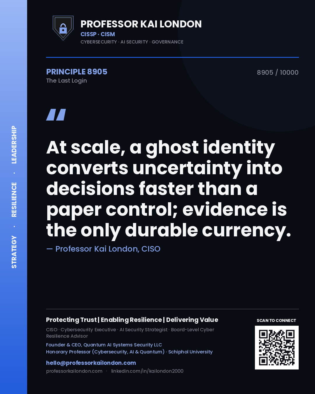 Quote card by Professor Kai London reading 'At scale, a ghost identity converts uncertainty into decisions faster than a paper control; evidence is the only durable currency.'. From the book The Last Login.