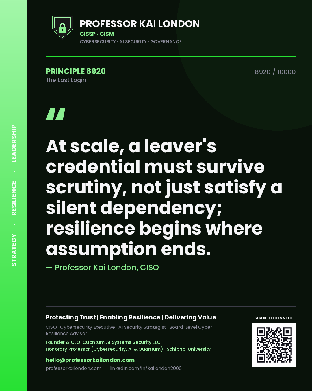 Professor Kai London principle 8920: At scale, a leaver's credential must survive scrutiny, not just satisfy a silent dependency; resilience begins where assumption ends.