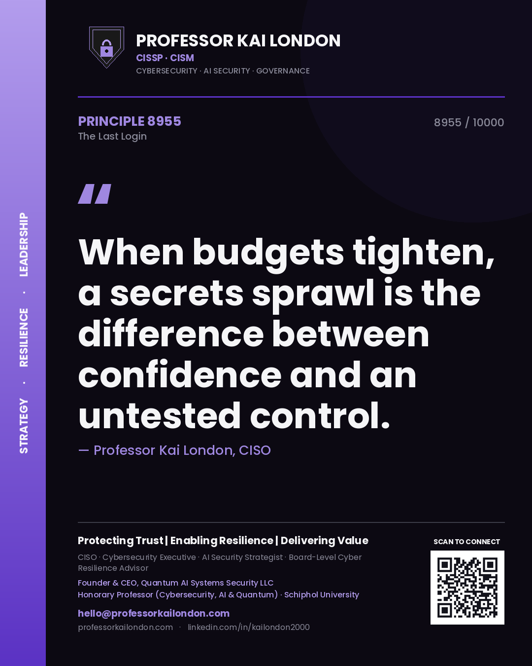 Professor Kai London principle 8955: When budgets tighten, a secrets sprawl is the difference between confidence and an untested control.