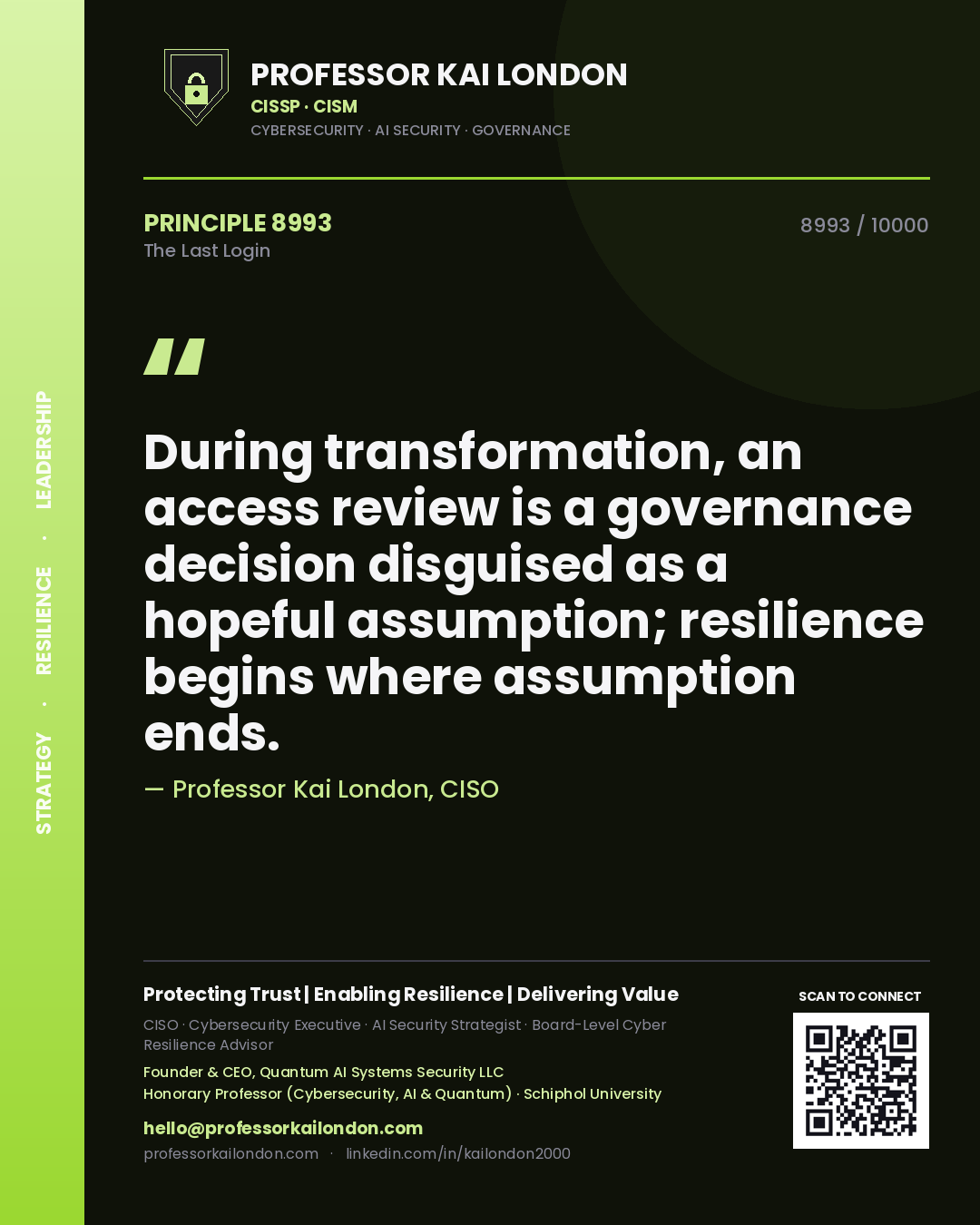 Professor Kai London principle 8993: During transformation, an access review is a governance decision disguised as a hopeful assumption; resilience begins where assumption ends.