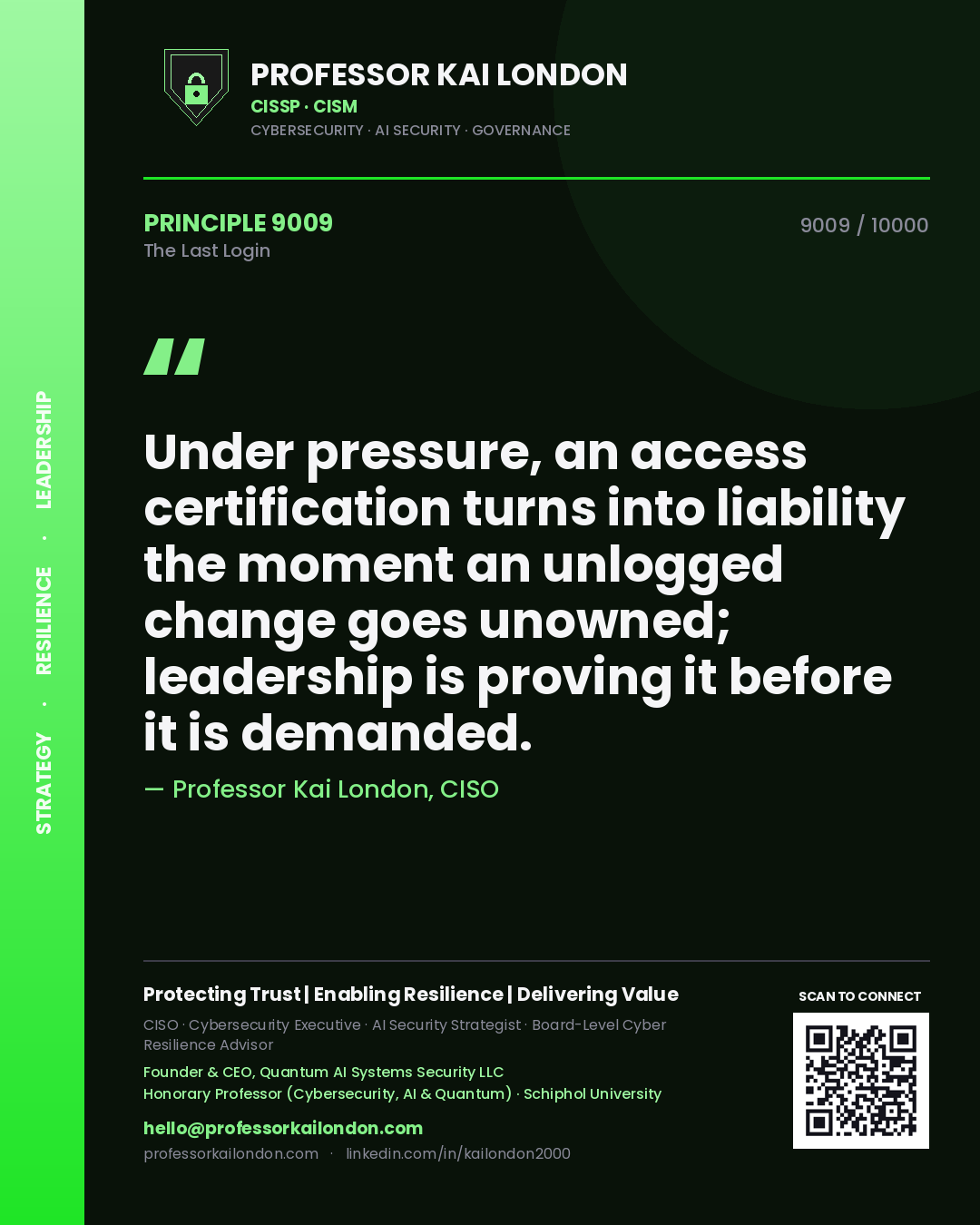 Professor Kai London principle 9009: Under pressure, an access certification turns into liability the moment an unlogged change goes unowned; leadership is proving it before it is demanded.