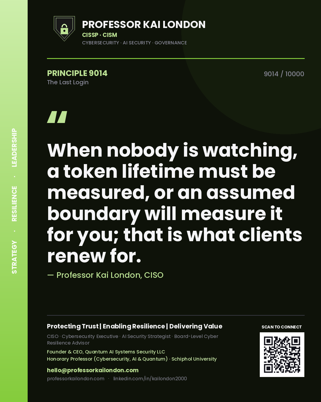 Professor Kai London principle 9014: When nobody is watching, a token lifetime must be measured, or an assumed boundary will measure it for you; that is what clients renew for.