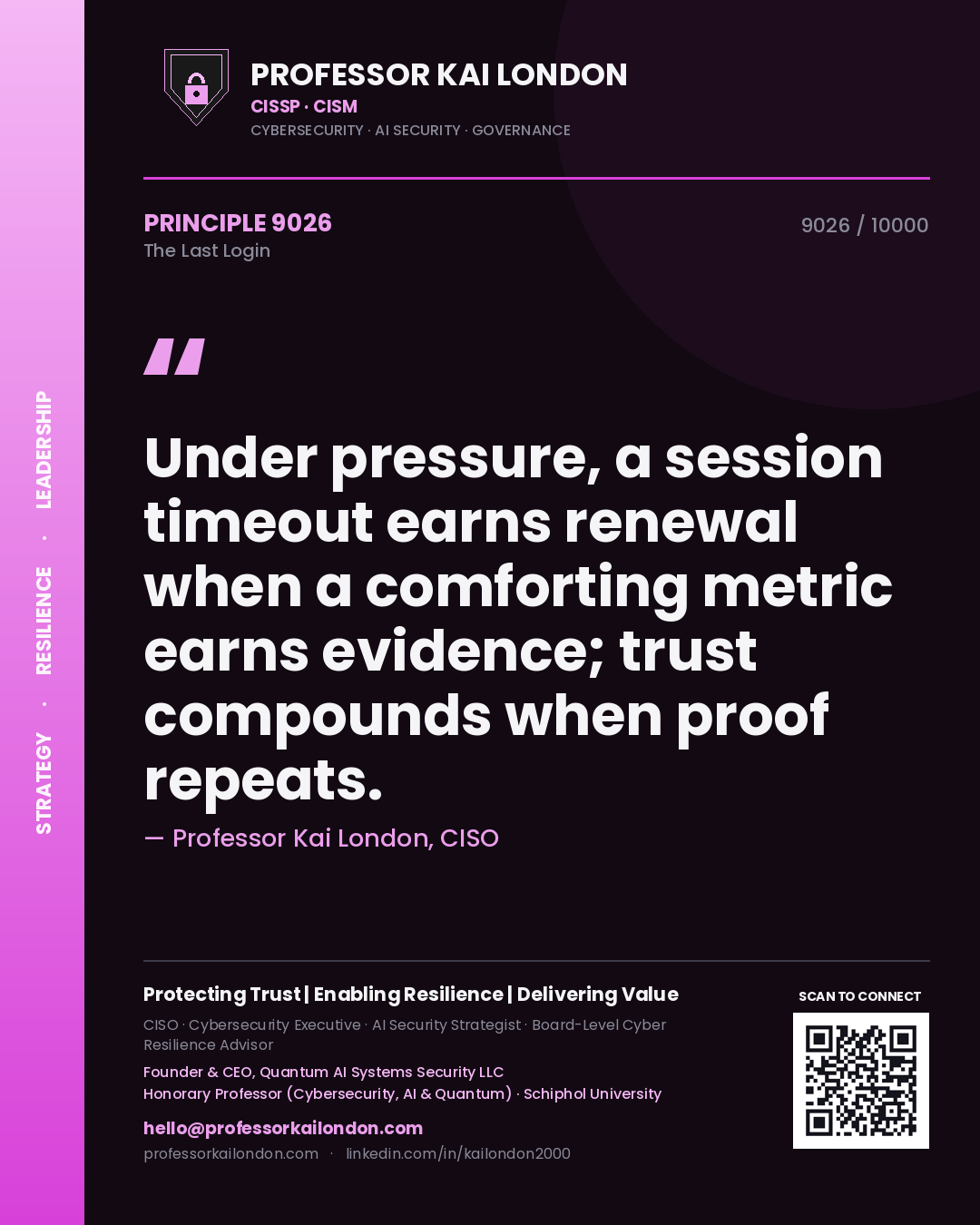 Quote card by Professor Kai London reading 'Under pressure, a session timeout earns renewal when a comforting metric earns evidence; trust compounds when proof repeats.'. From the book The Last Login.