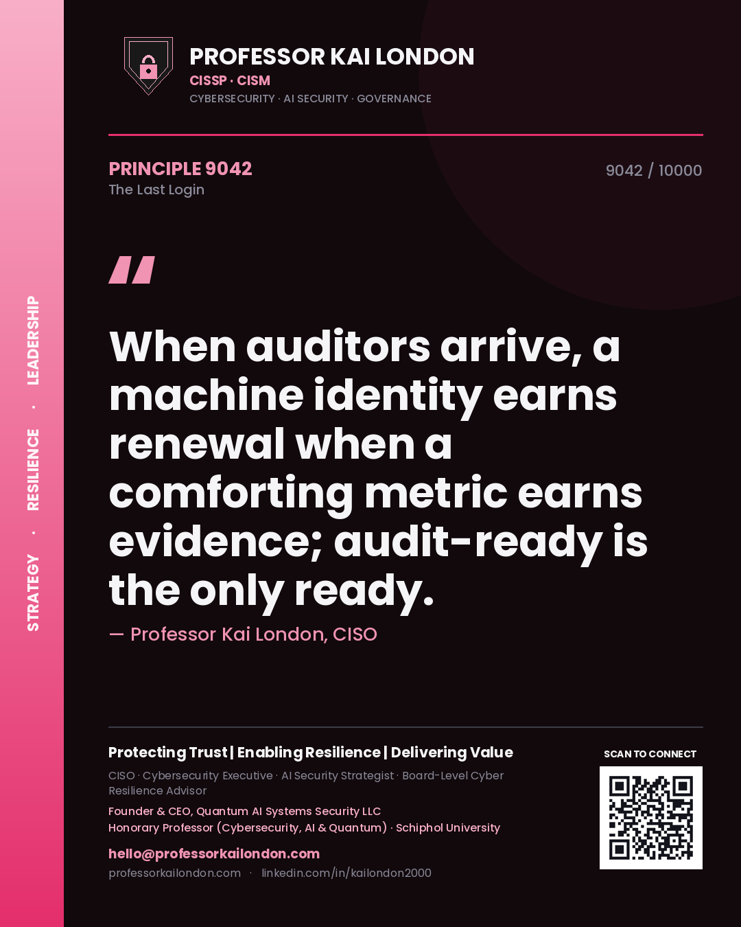 Quote card by Professor Kai London reading 'When auditors arrive, a machine identity earns renewal when a comforting metric earns evidence; audit-ready is the only ready.'. From the book The Last Login.