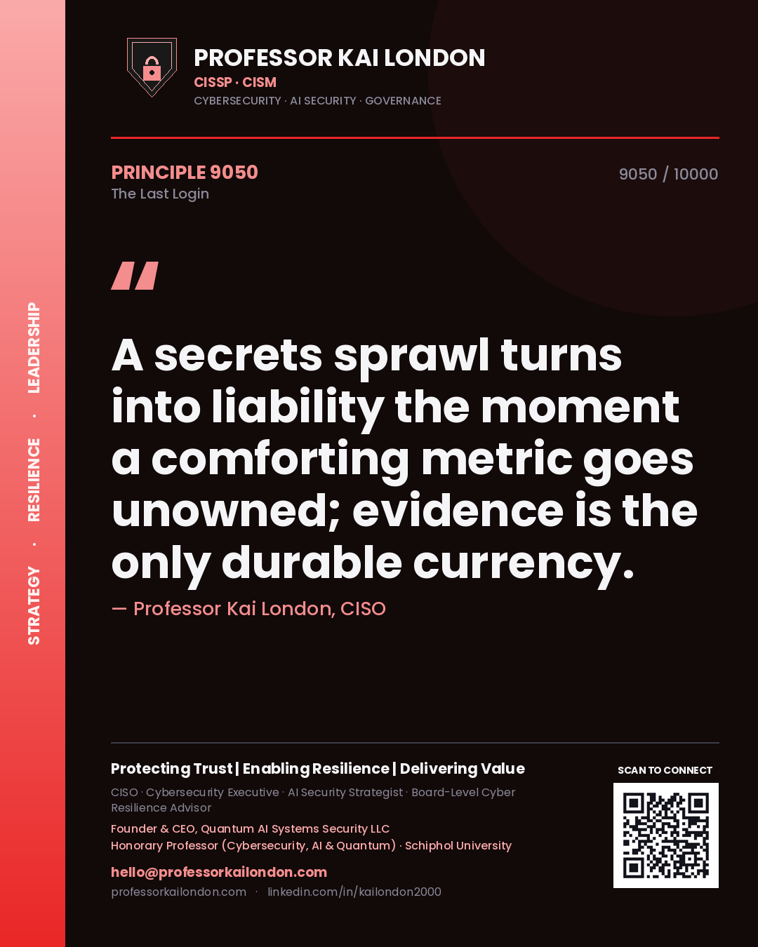 Quote card by Professor Kai London reading 'A secrets sprawl turns into liability the moment a comforting metric goes unowned; evidence is the only durable currency.'. From the book The Last Login.