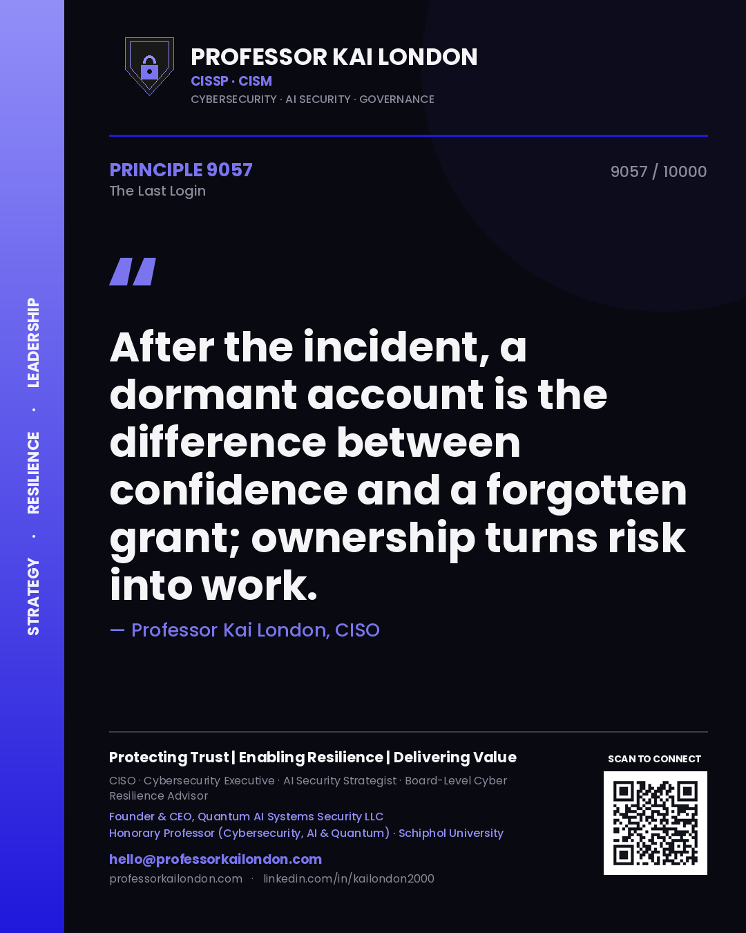Quote card by Professor Kai London reading 'After the incident, a dormant account is the difference between confidence and a forgotten grant; ownership turns risk into work.'. From the book The Last Login.