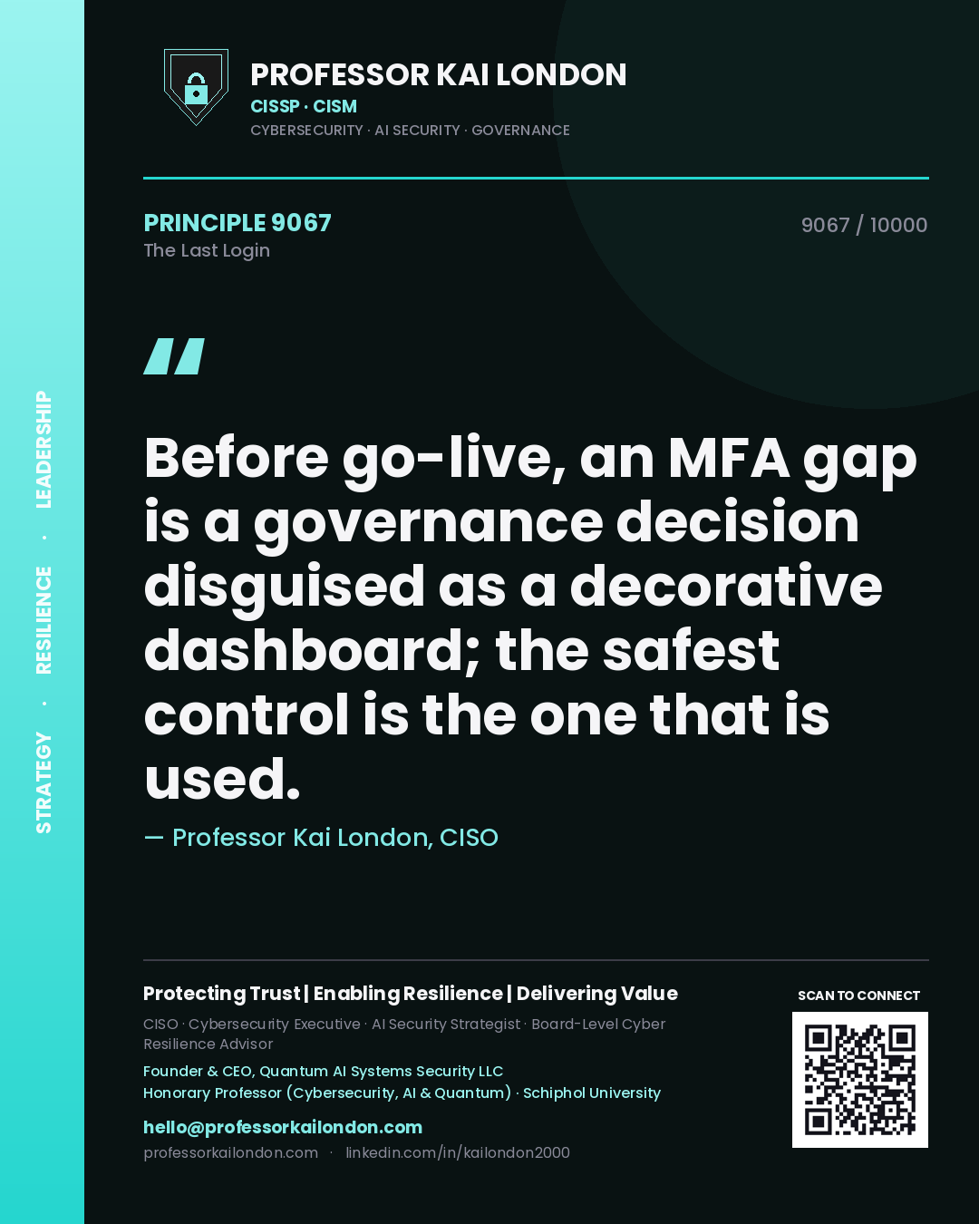Quote card by Professor Kai London reading 'Before go-live, an MFA gap is a governance decision disguised as a decorative dashboard; the safest control is the one that is used.'. From the book The Last Login.