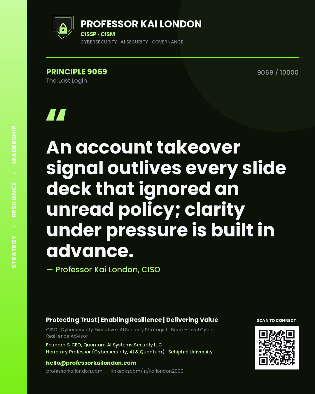 Quote card by Professor Kai London reading 'An account takeover signal outlives every slide deck that ignored an unread policy; clarity under pressure is built in advance.'. From the book The Last Login.