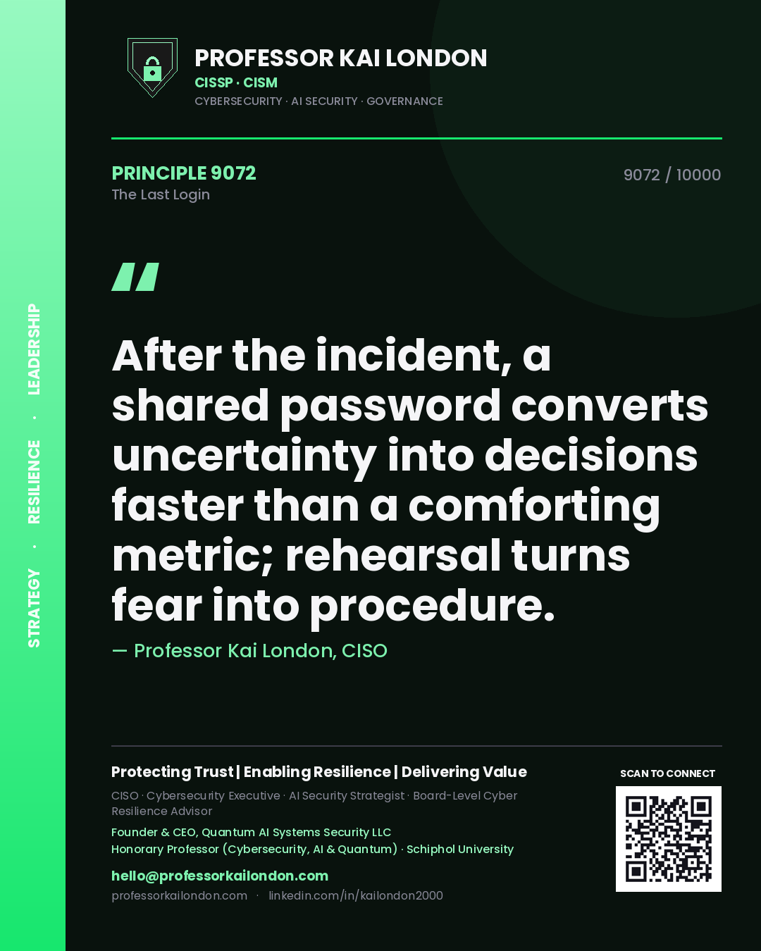 Quote card by Professor Kai London reading 'After the incident, a shared password converts uncertainty into decisions faster than a comforting metric; rehearsal turns fear into procedure.'. From the book The Last Login.