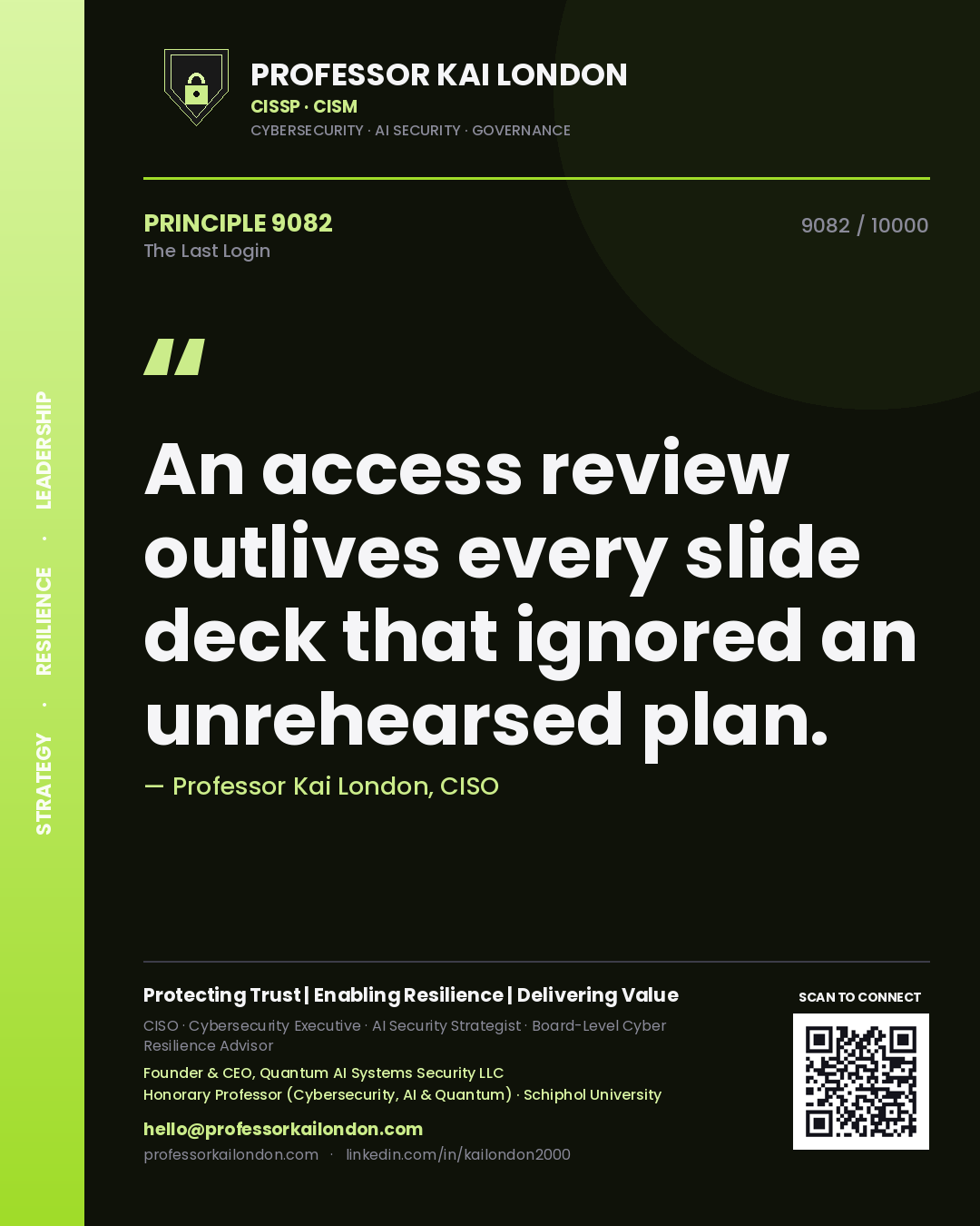 Quote card by Professor Kai London reading 'An access review outlives every slide deck that ignored an unrehearsed plan.'. From the book The Last Login.