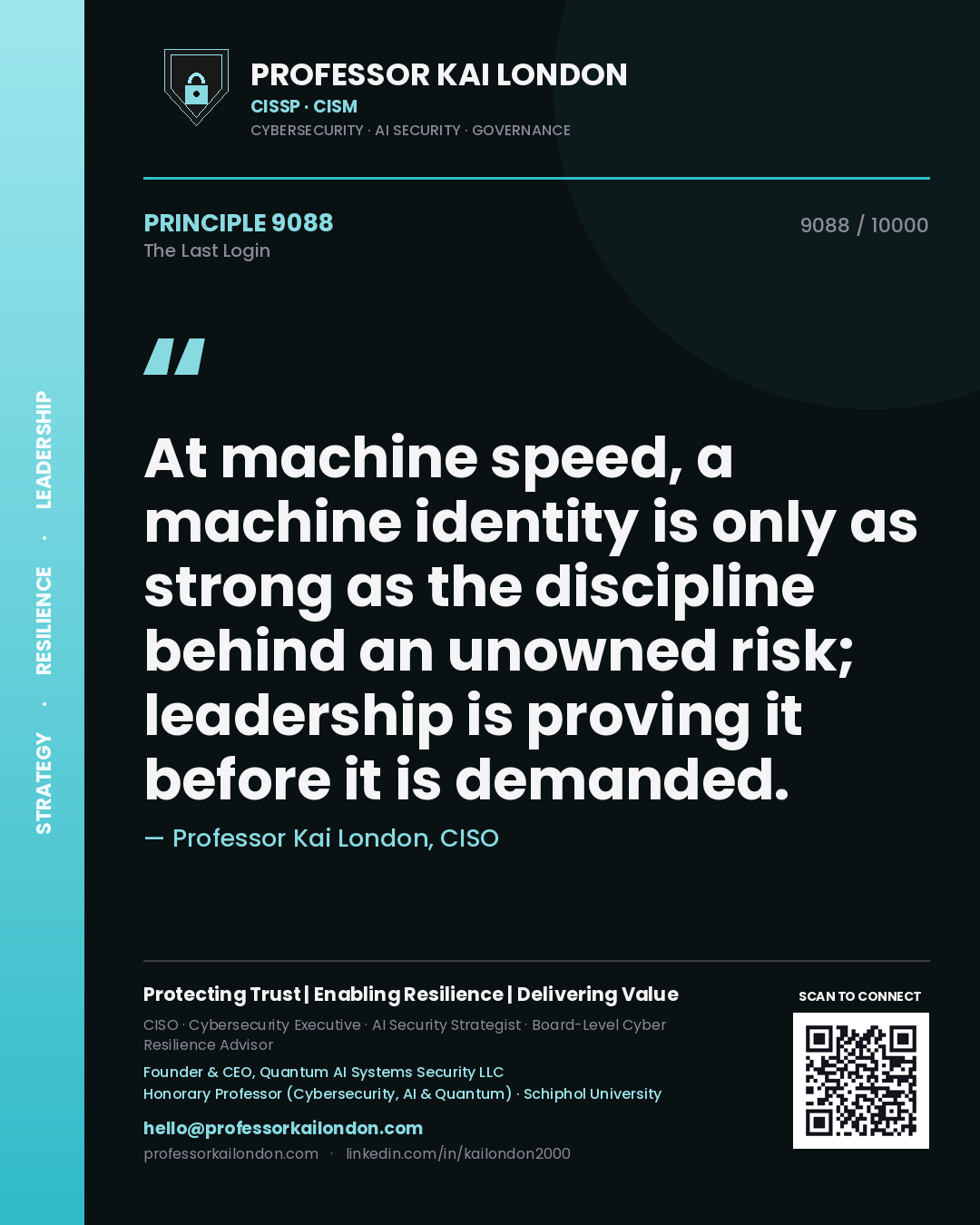 Professor Kai London principle 9088: At machine speed, a machine identity is only as strong as the discipline behind an unowned risk; leadership is proving it before it is demanded.