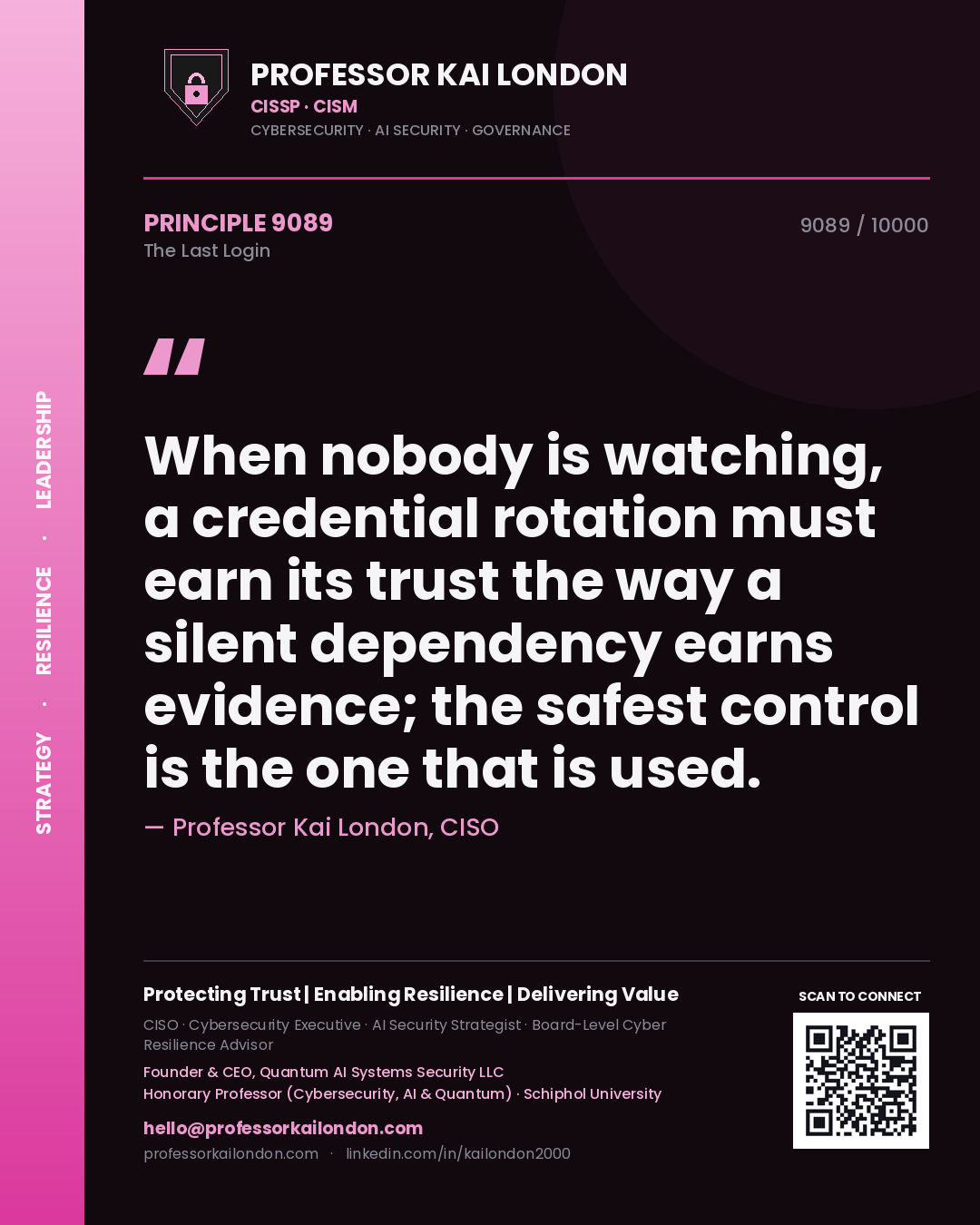 Professor Kai London principle 9089: When nobody is watching, a credential rotation must earn its trust the way a silent dependency earns evidence; the safest control is the one that is used.