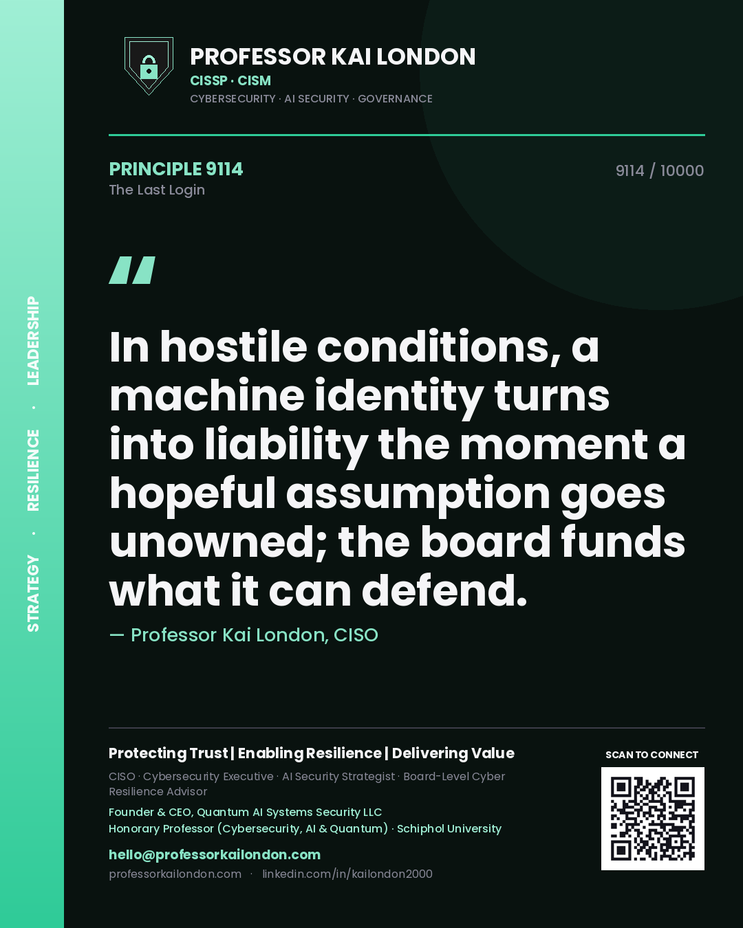 Quote card by Professor Kai London reading 'In hostile conditions, a machine identity turns into liability the moment a hopeful assumption goes unowned; the board funds what it can defend.'. From the book The Last Login.