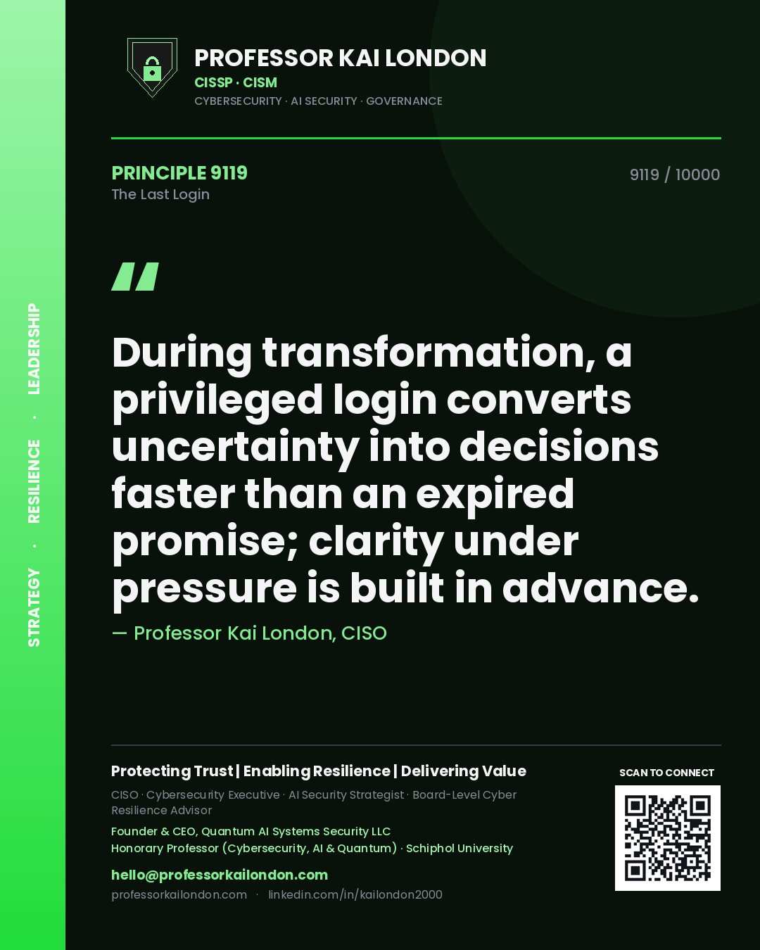 Professor Kai London principle 9119: During transformation, a privileged login converts uncertainty into decisions faster than an expired promise; clarity under pressure is built in advance.