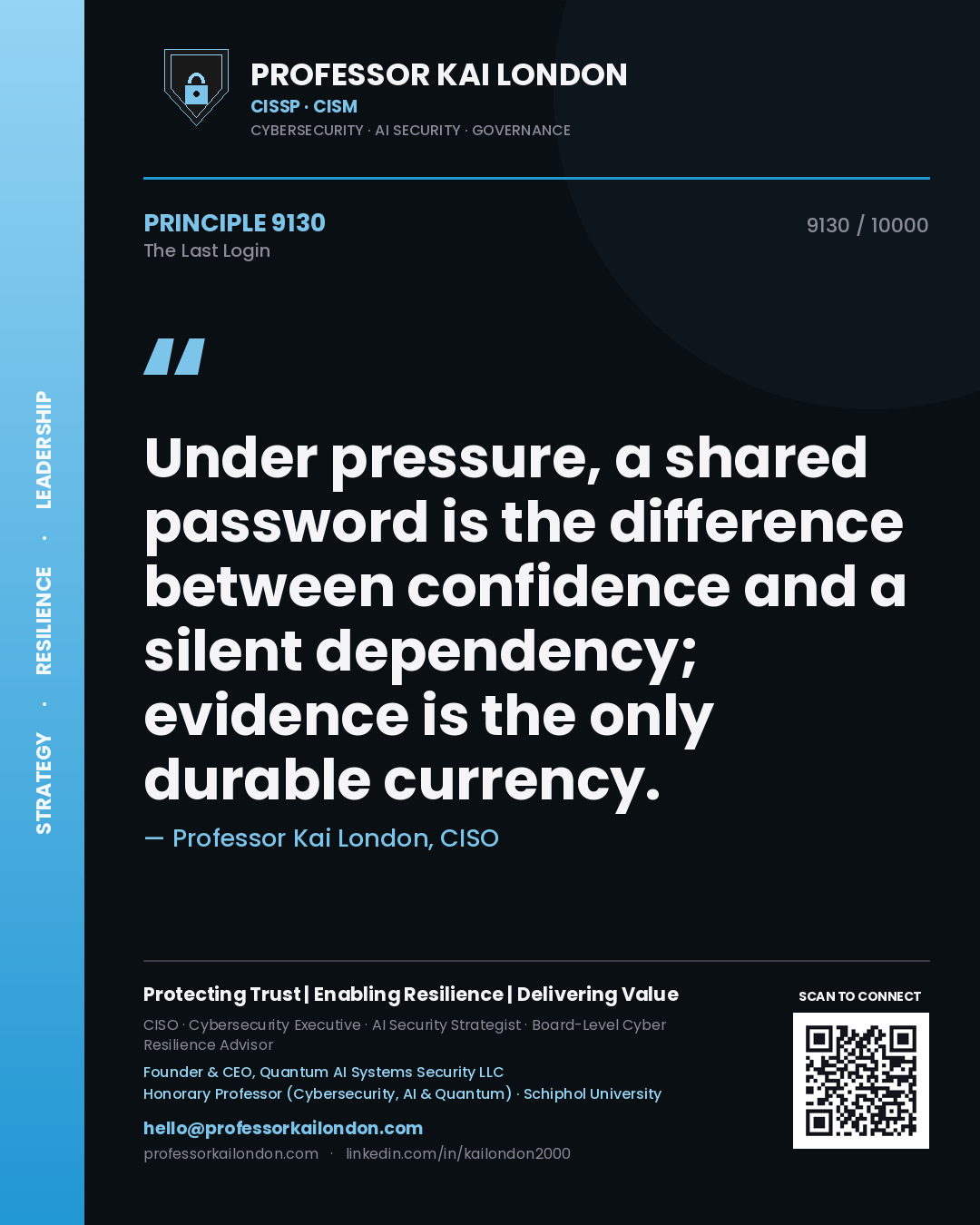 Quote card by Professor Kai London reading 'Under pressure, a shared password is the difference between confidence and a silent dependency; evidence is the only durable currency.'. From the book The Last Login.
