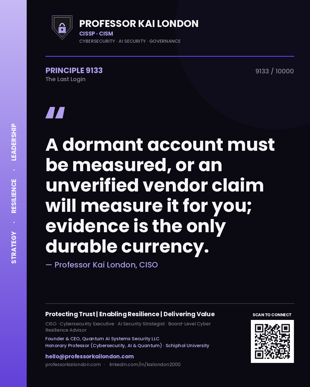Professor Kai London principle 9133: A dormant account must be measured, or an unverified vendor claim will measure it for you; evidence is the only durable currency.