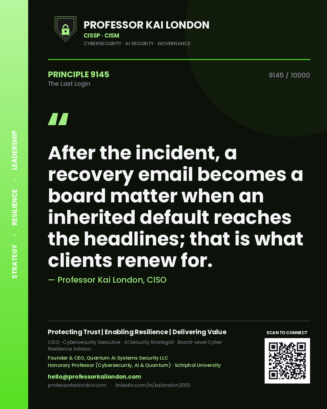 Professor Kai London principle 9145: After the incident, a recovery email becomes a board matter when an inherited default reaches the headlines; that is what clients renew for.