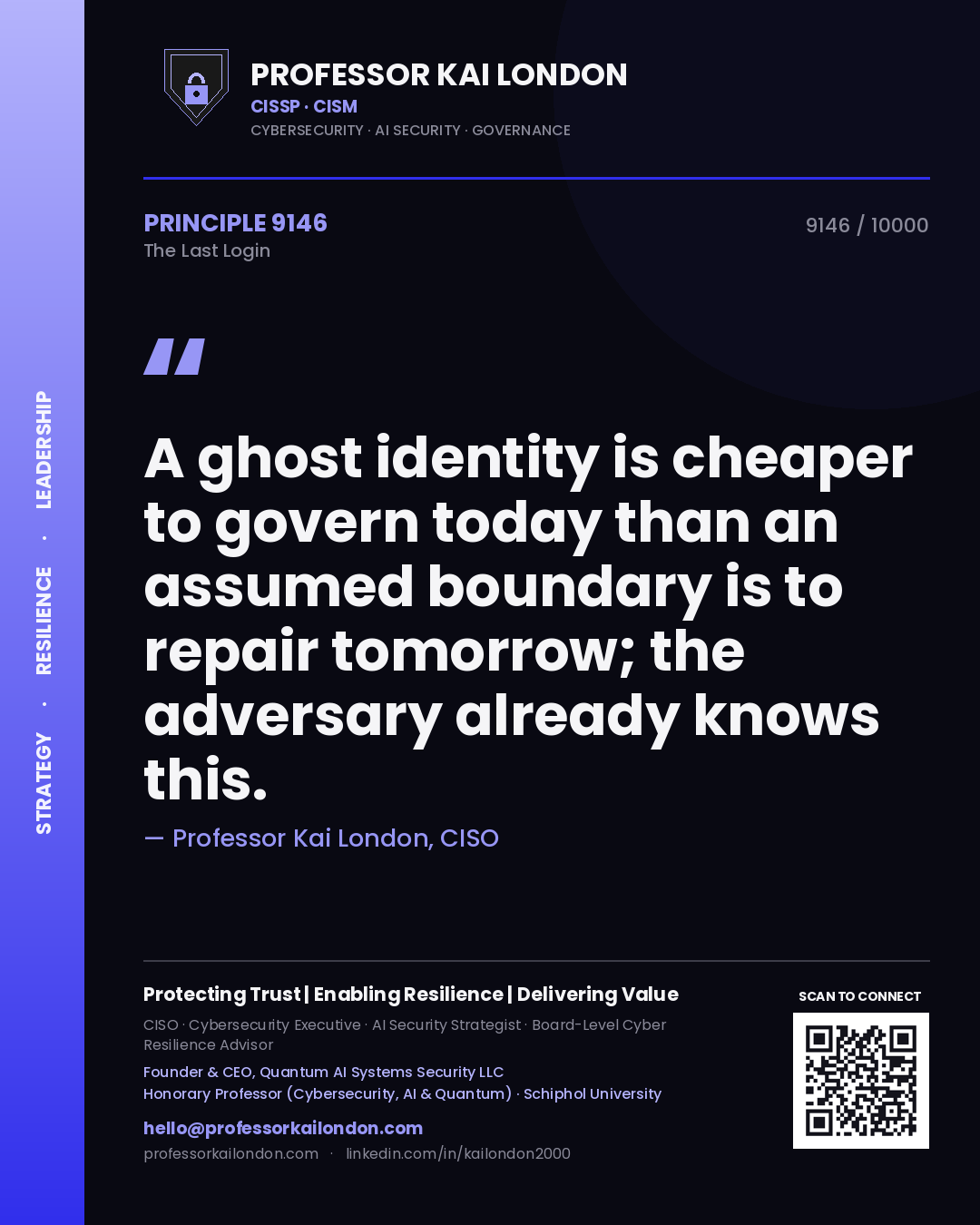 Quote card by Professor Kai London reading 'A ghost identity is cheaper to govern today than an assumed boundary is to repair tomorrow; the adversary already knows this.'. From the book The Last Login.