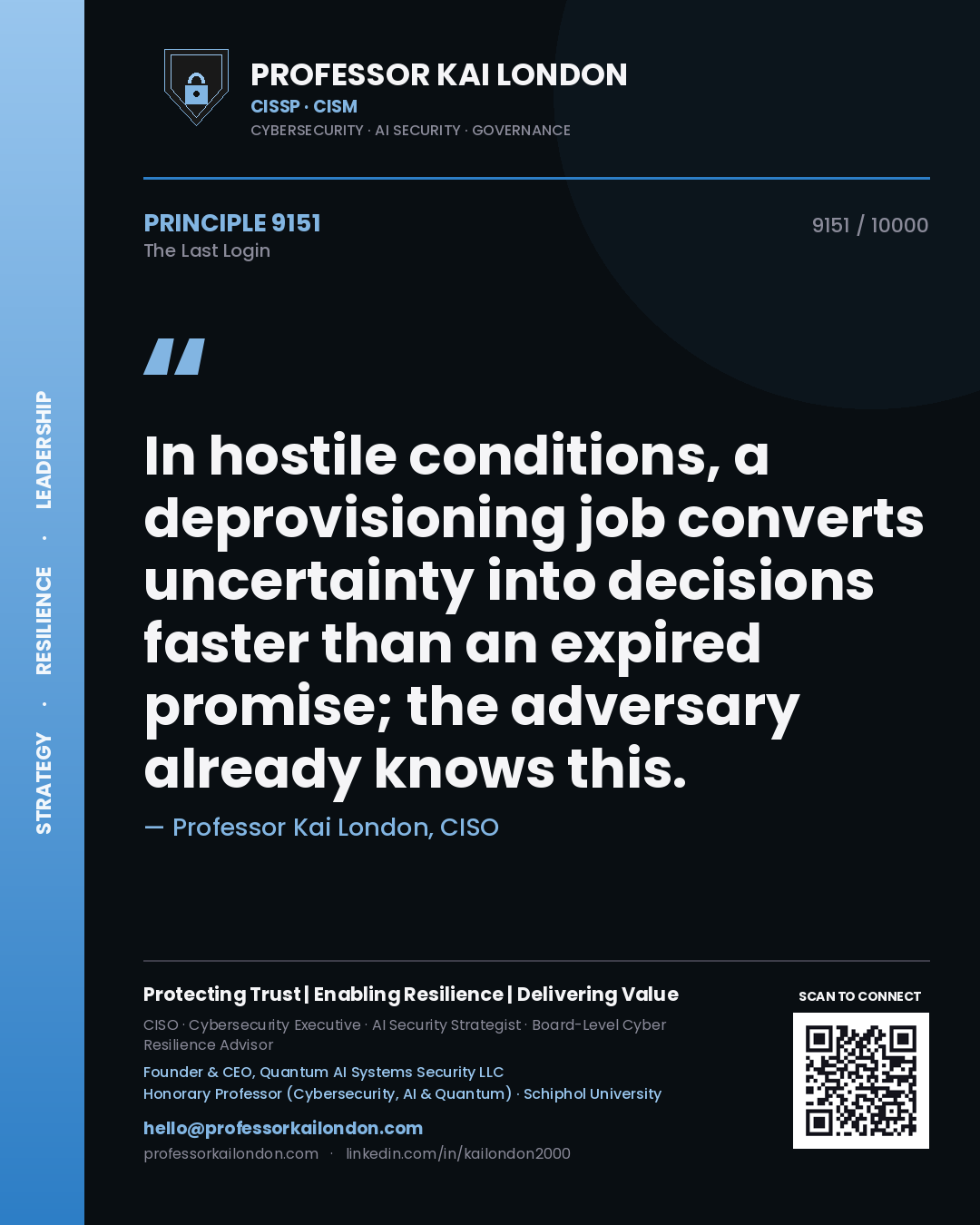 Quote card by Professor Kai London reading 'In hostile conditions, a deprovisioning job converts uncertainty into decisions faster than an expired promise; the adversary already knows this.'. From the book The Last Login.
