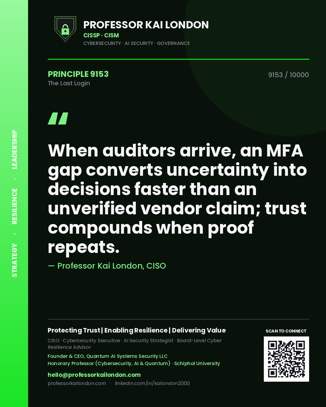 Professor Kai London principle 9153: When auditors arrive, an MFA gap converts uncertainty into decisions faster than an unverified vendor claim; trust compounds when proof repeats.