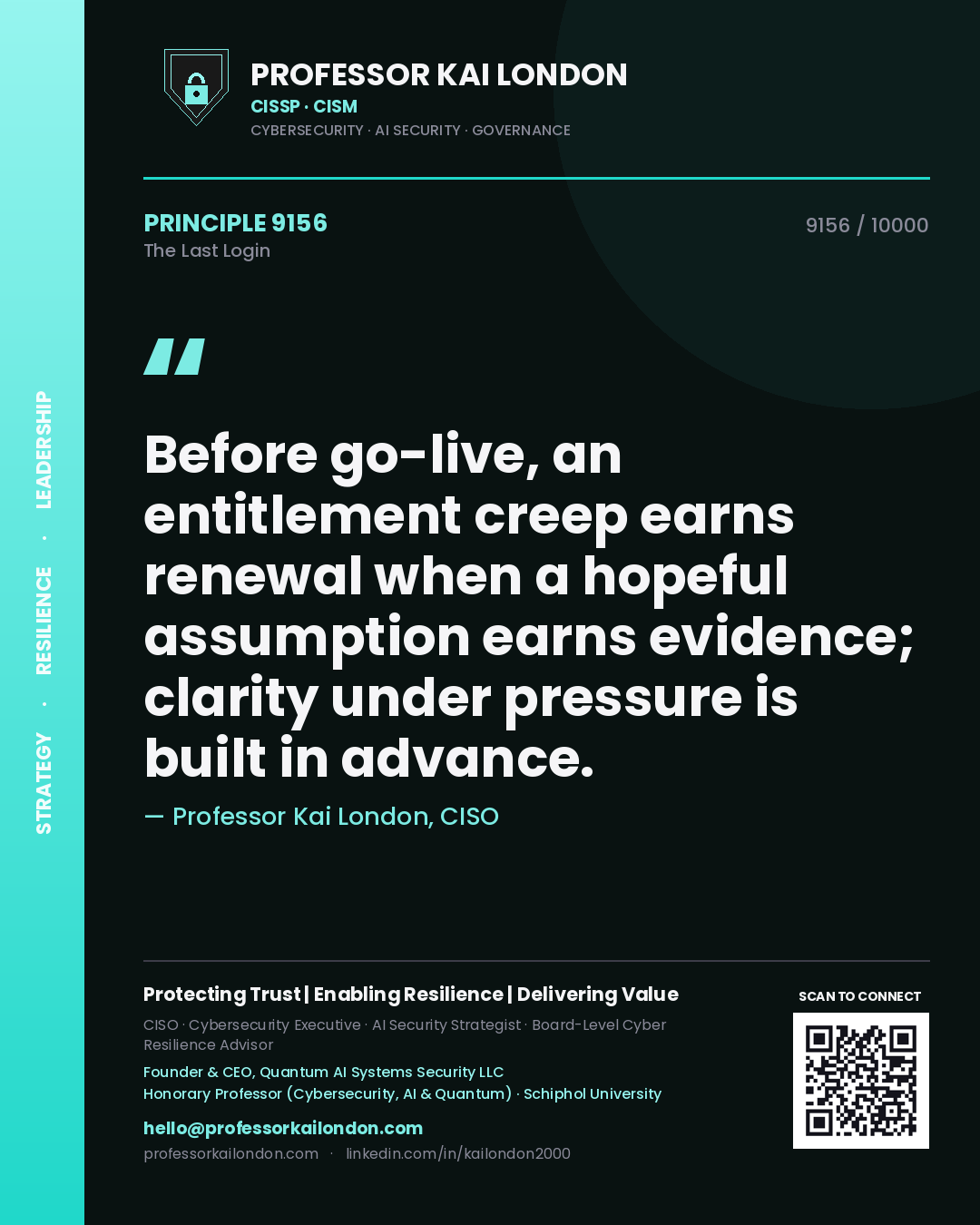 Quote card by Professor Kai London reading 'Before go-live, an entitlement creep earns renewal when a hopeful assumption earns evidence; clarity under pressure is built in advance.'. From the book The Last Login.