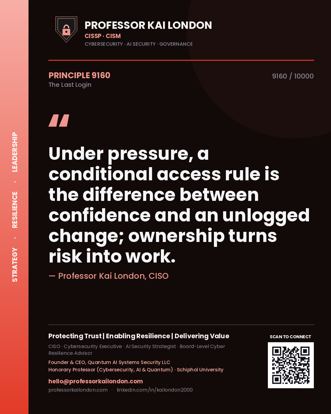 Quote card by Professor Kai London reading 'Under pressure, a conditional access rule is the difference between confidence and an unlogged change; ownership turns risk into work.'. From the book The Last Login.