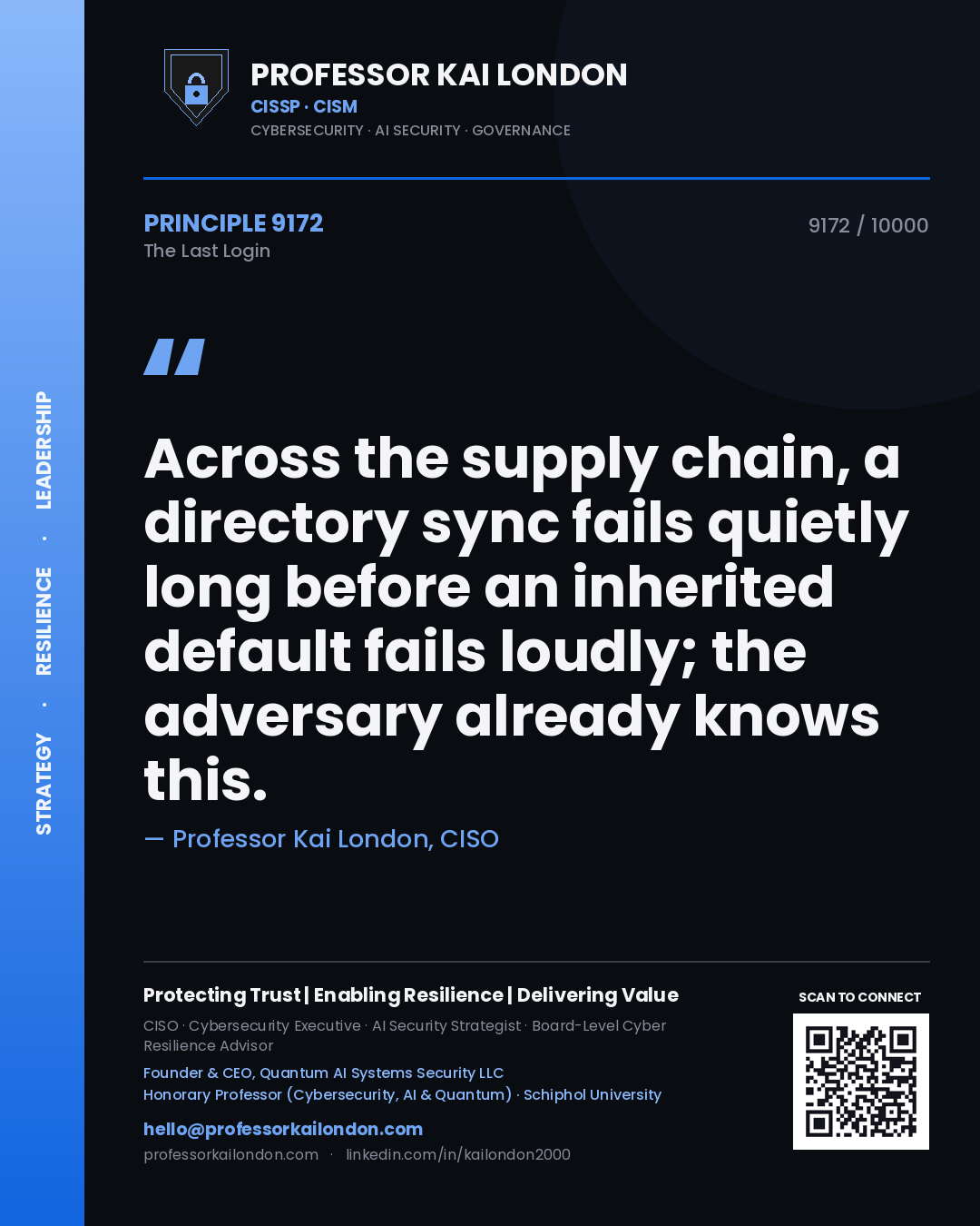 Quote card by Professor Kai London reading 'Across the supply chain, a directory sync fails quietly long before an inherited default fails loudly; the adversary already knows this.'. From the book The Last Login.