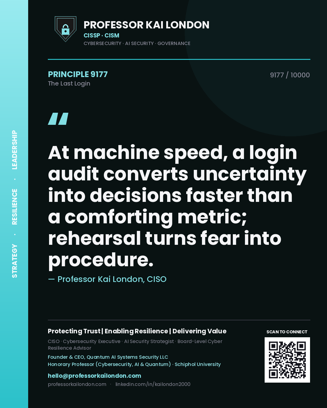 Quote card by Professor Kai London reading 'At machine speed, a login audit converts uncertainty into decisions faster than a comforting metric; rehearsal turns fear into procedure.'. From the book The Last Login.