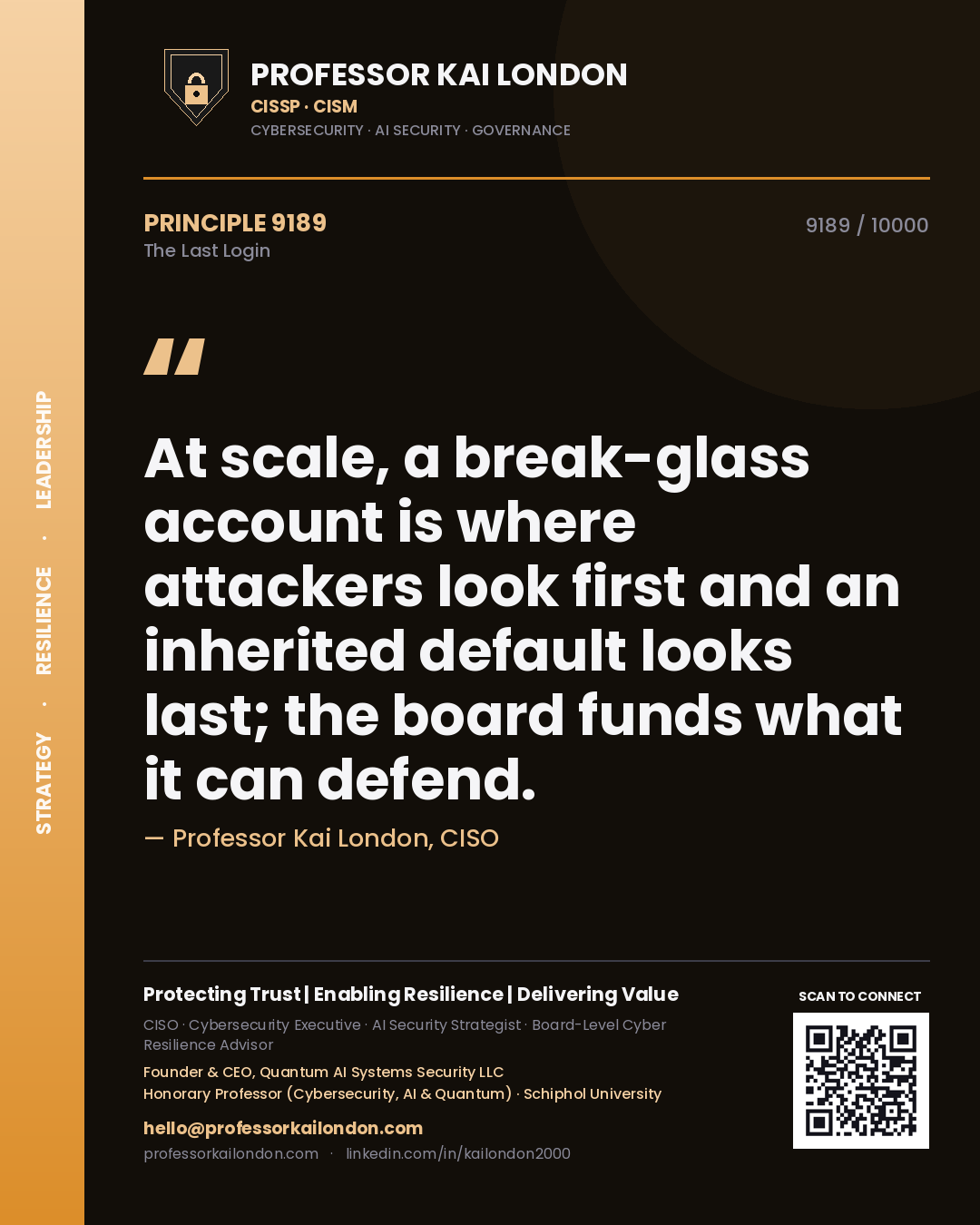 Professor Kai London principle 9189: At scale, a break-glass account is where attackers look first and an inherited default looks last; the board funds what it can defend.