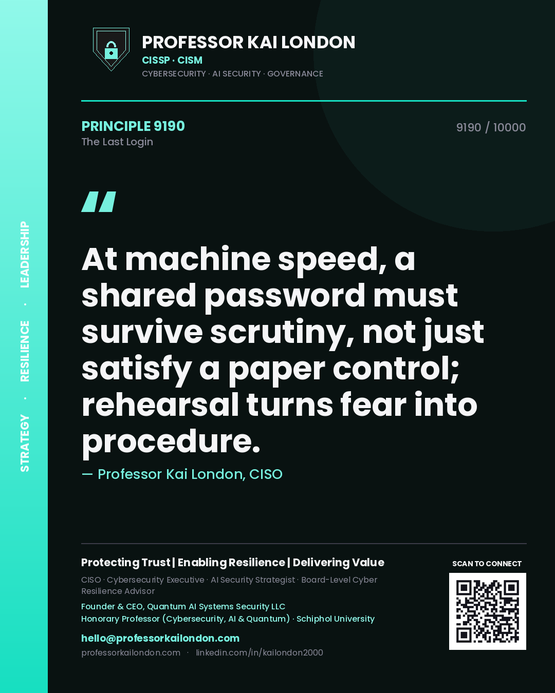 Professor Kai London principle 9190: At machine speed, a shared password must survive scrutiny, not just satisfy a paper control; rehearsal turns fear into procedure.