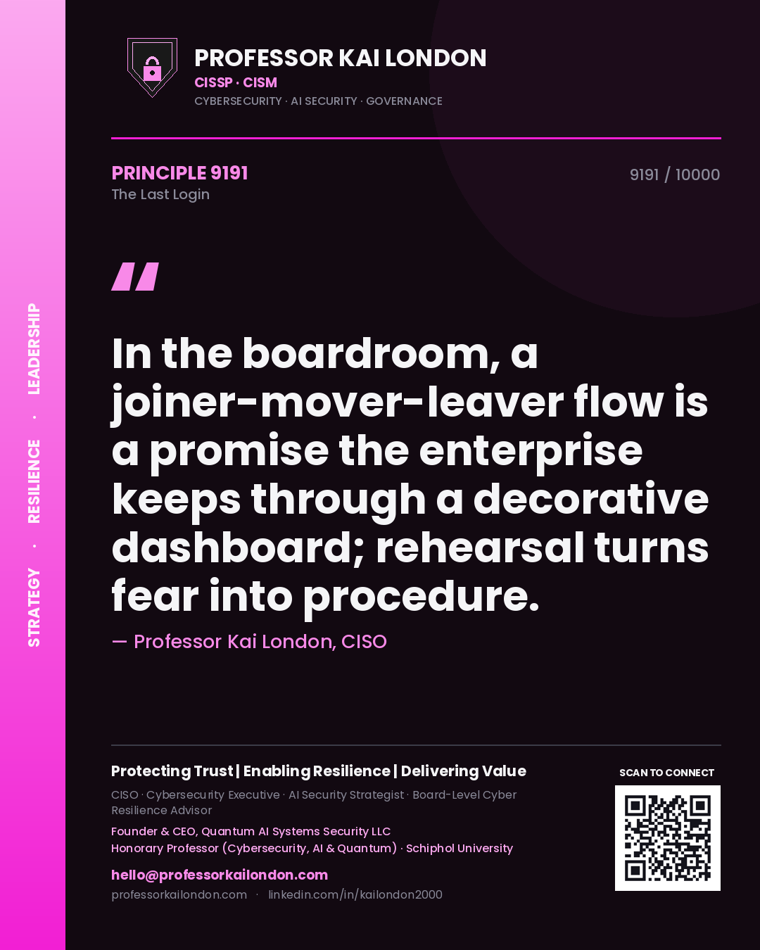 Quote card by Professor Kai London reading 'In the boardroom, a joiner-mover-leaver flow is a promise the enterprise keeps through a decorative dashboard; rehearsal turns fear into procedure.'. From the book The Last Login.