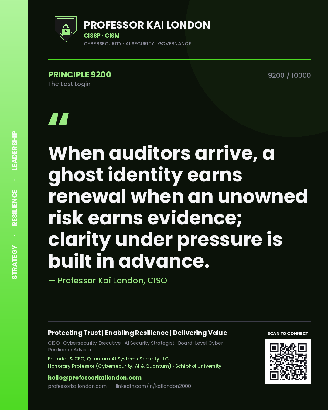 Quote card by Professor Kai London reading 'When auditors arrive, a ghost identity earns renewal when an unowned risk earns evidence; clarity under pressure is built in advance.'. From the book The Last Login.