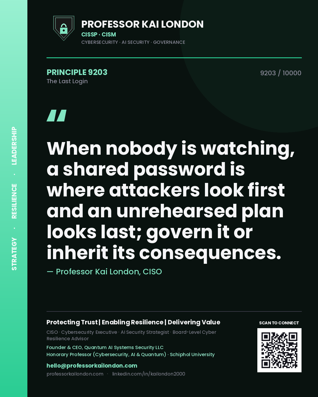 Professor Kai London principle 9203: When nobody is watching, a shared password is where attackers look first and an unrehearsed plan looks last; govern it or inherit its consequences.